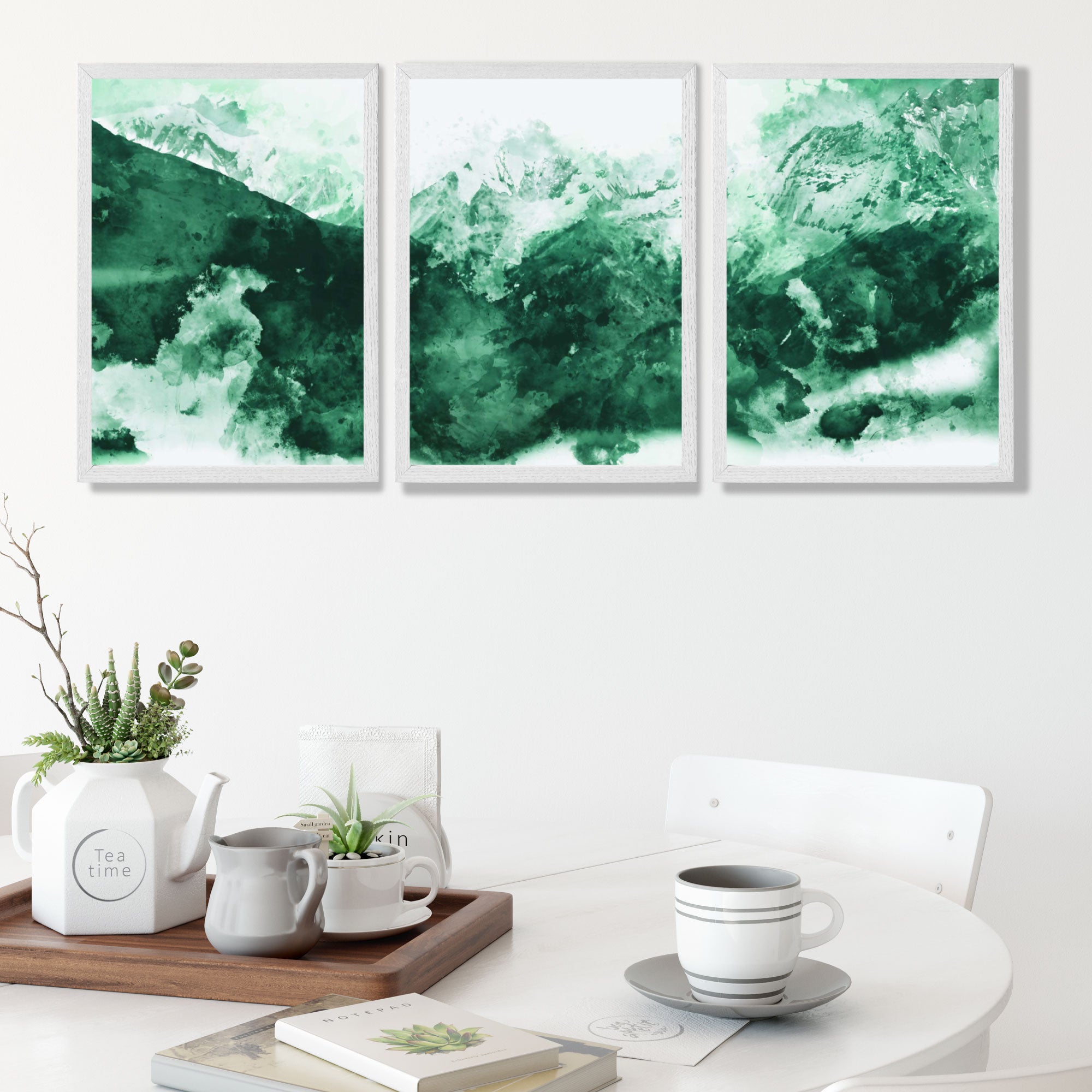 Set of 3 Abstract Green Mountains Art Prints in White Frames | Artze UK