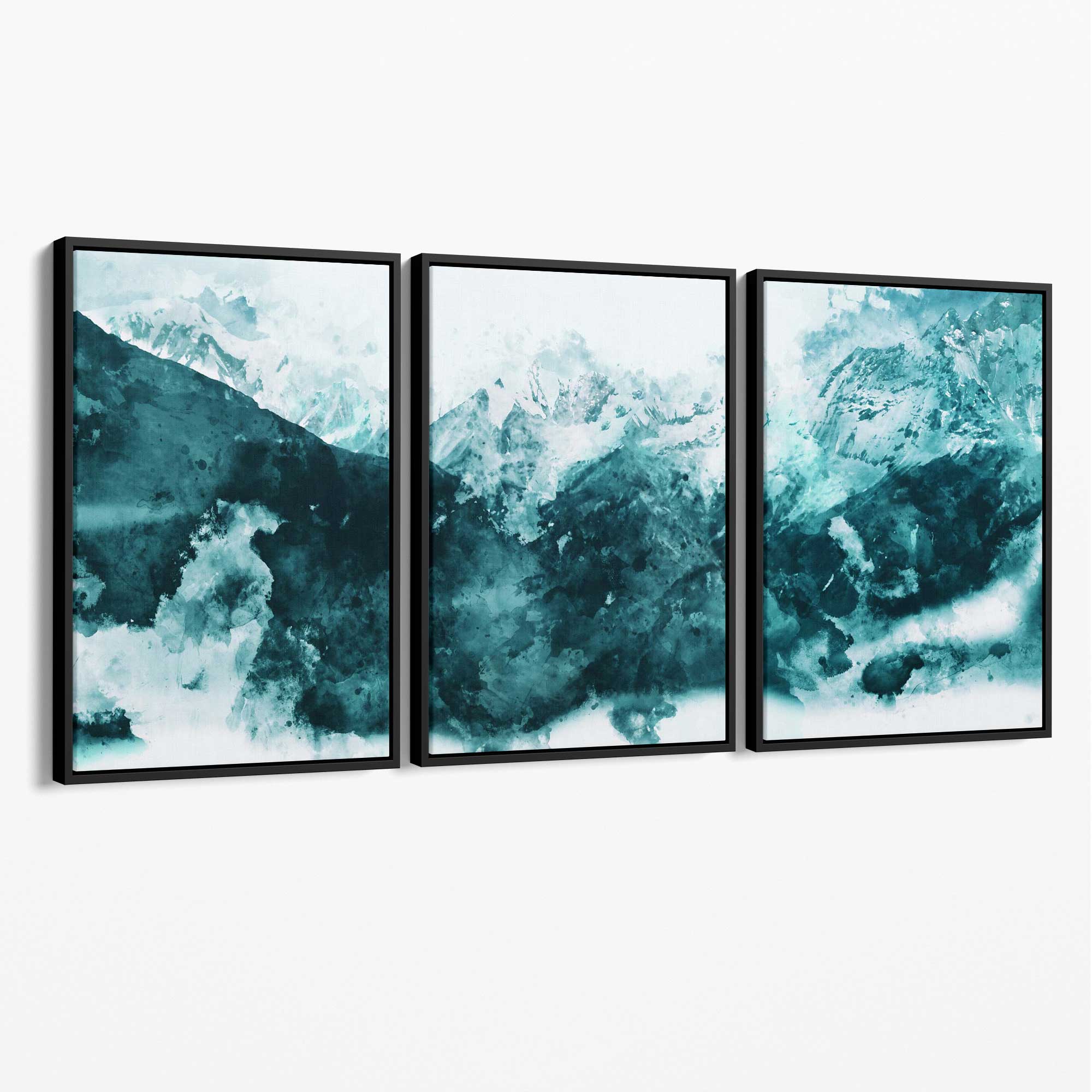 Set of 3 Abstract Teal Blue Mountains Canvas Art Prints with Black Float Frame