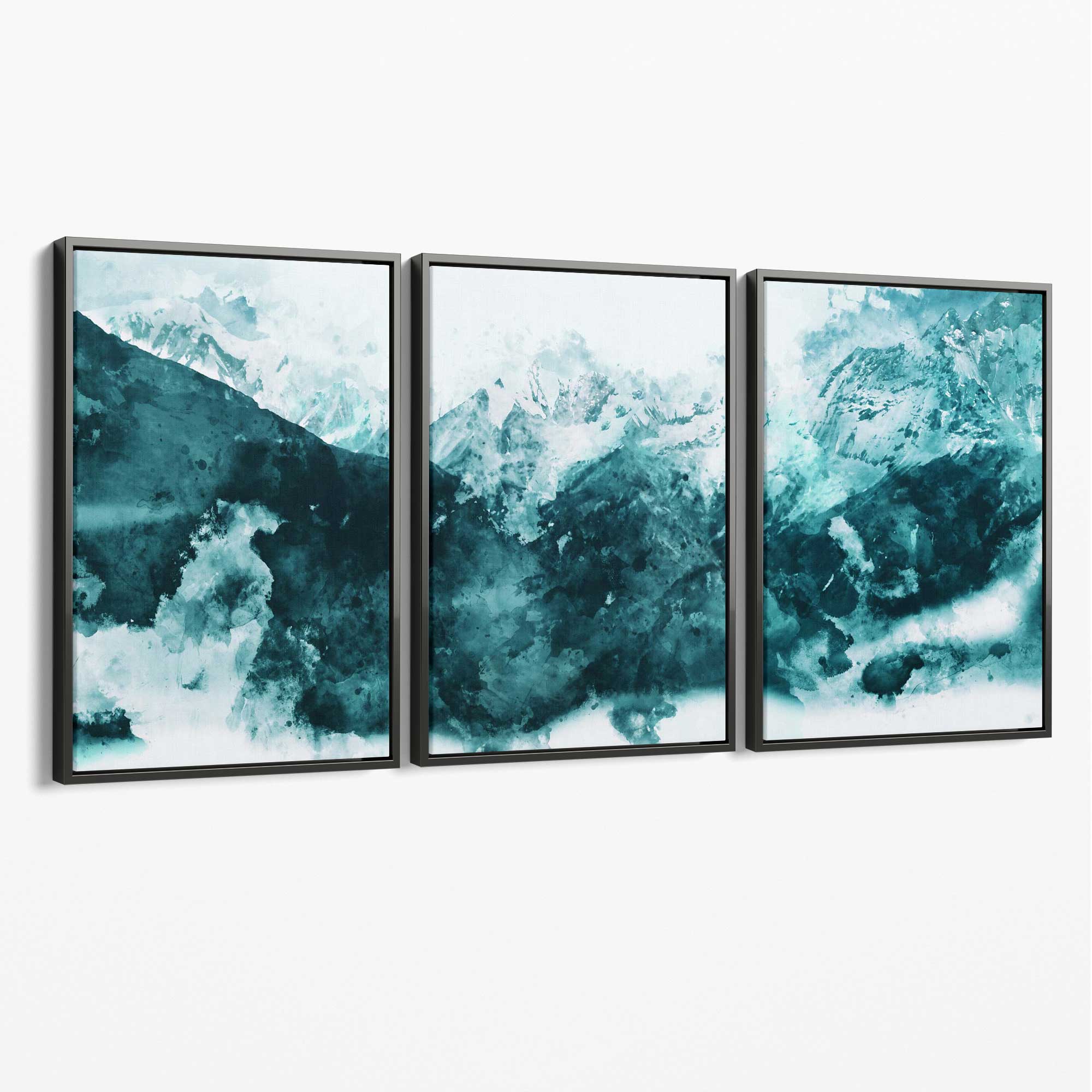 Set of 3 Abstract Teal Blue Mountains Canvas Art Prints with Grey Float Frame