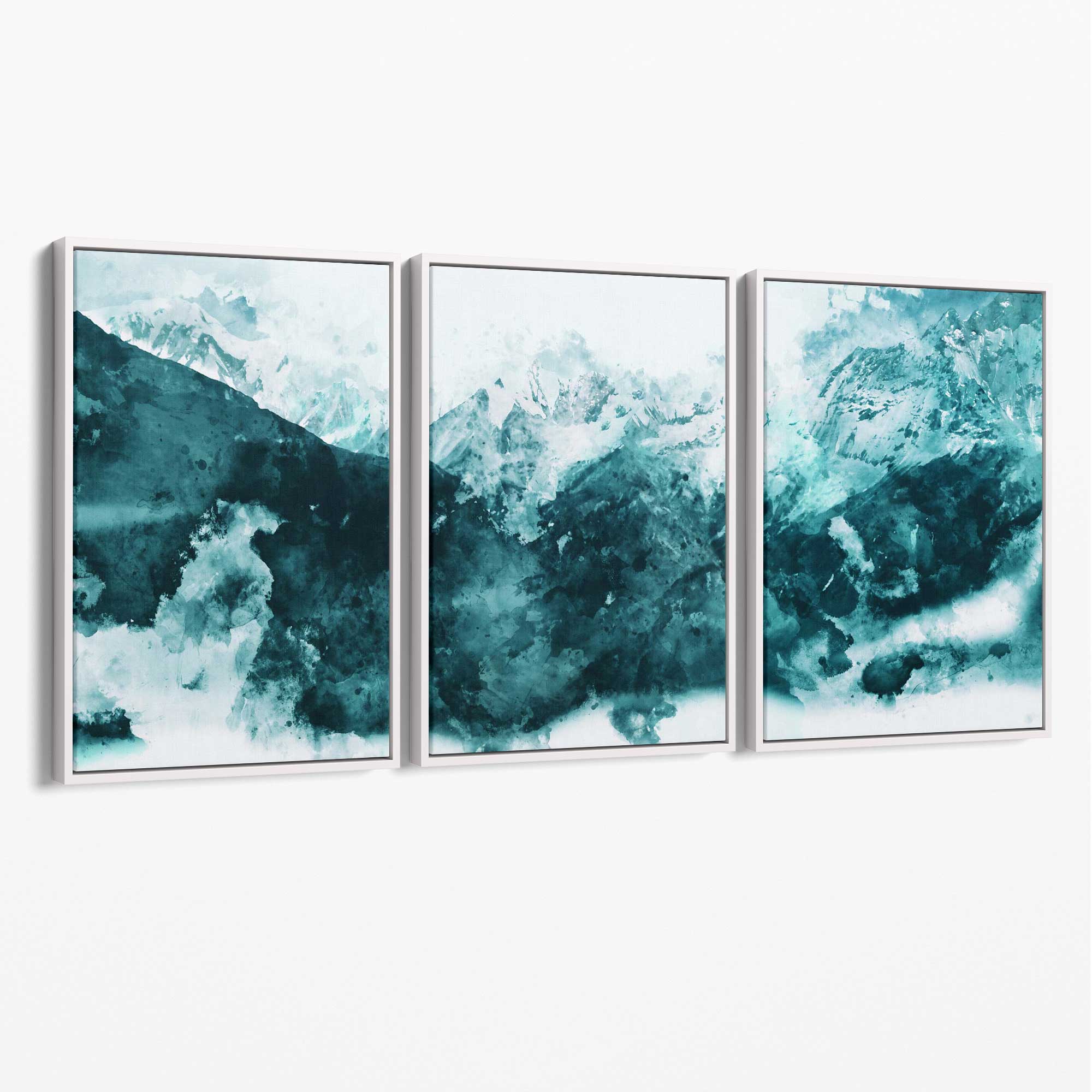 Set of 3 Abstract Teal Blue Mountains Canvas Art Prints with White Float Frame