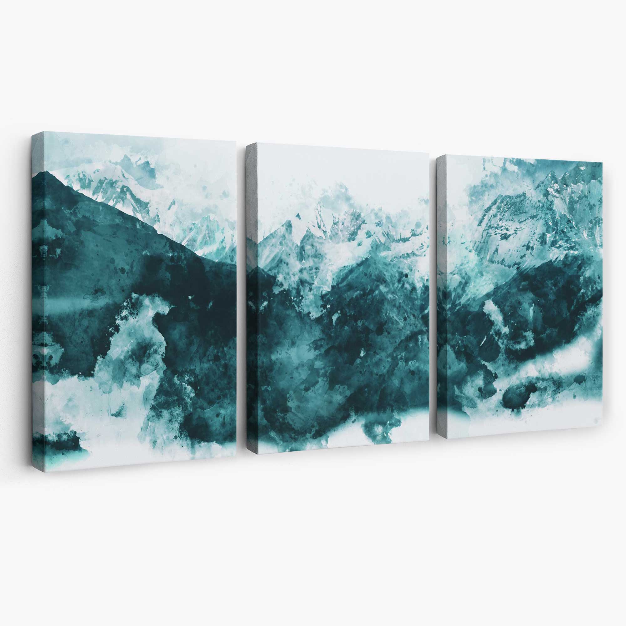 Set of 3 Abstract Teal Blue Mountains Canvas Art Prints | Artze Wall Art