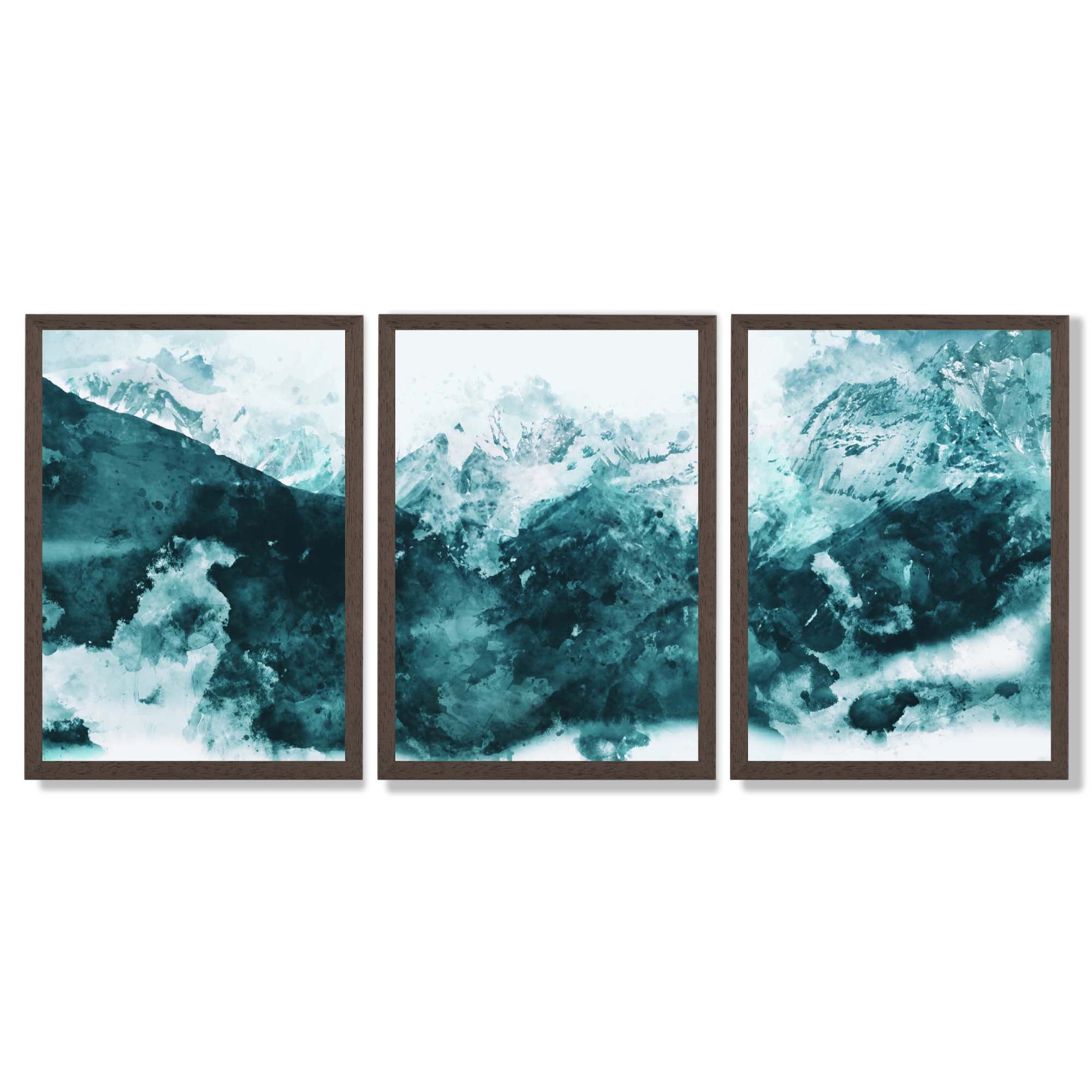 Set of 3 Abstract Teal Blue Mountains Framed Art Prints with Dark Wood Frames