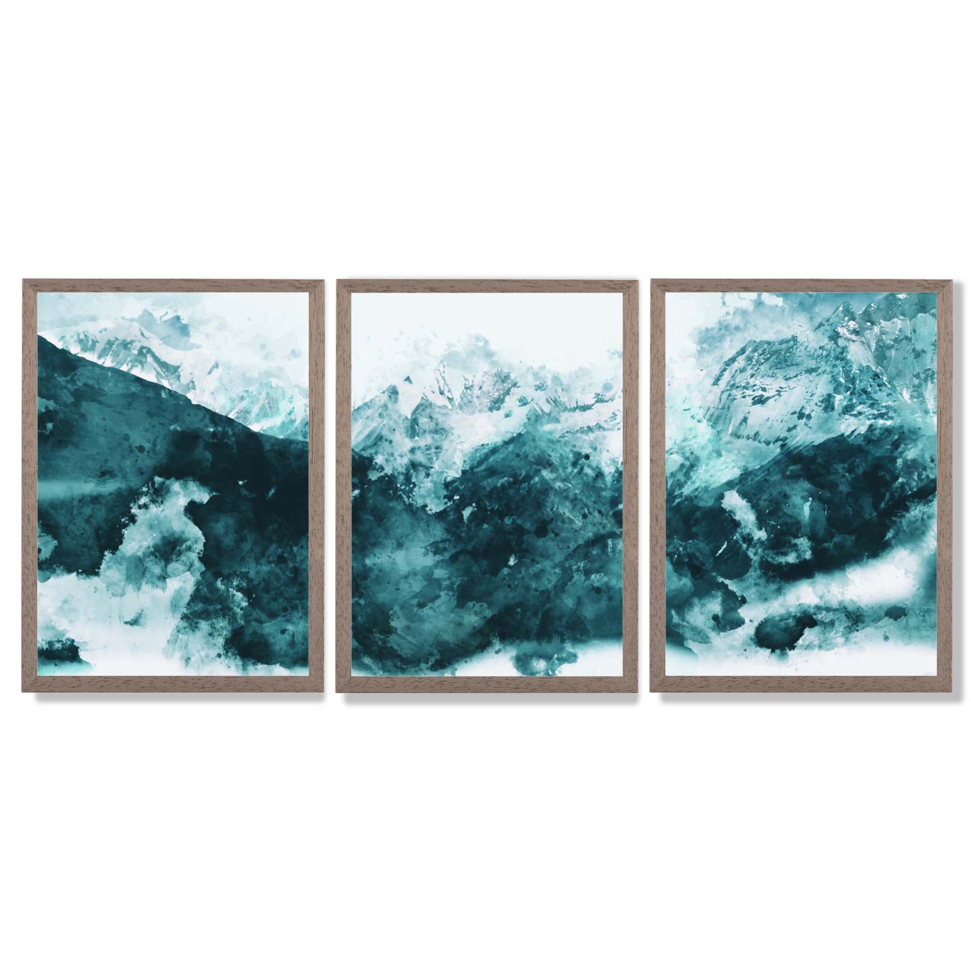 Set of 3 Abstract Teal Blue Mountains Framed Art Prints with Light Walnut Frames