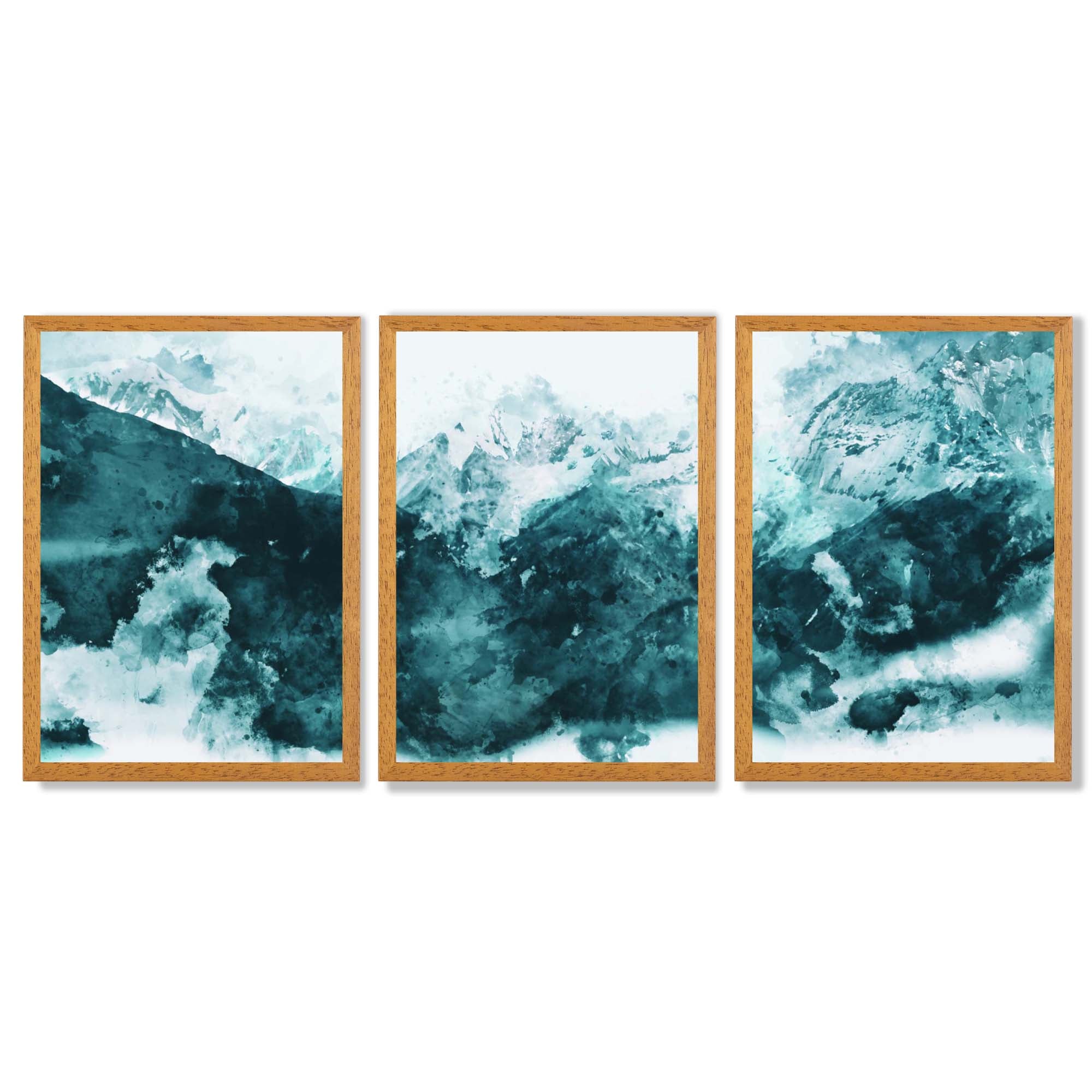 Set of 3 Abstract Teal Blue Mountains Framed Art Prints with Oak Wooden Frames