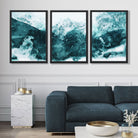 Set of 3 Abstract Teal Blue Mountains Art Prints in Black Frames | Artze UK