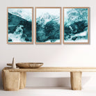 Set of 3 Abstract Teal Blue Mountains Art Prints in Oak Frames | Artze UK
