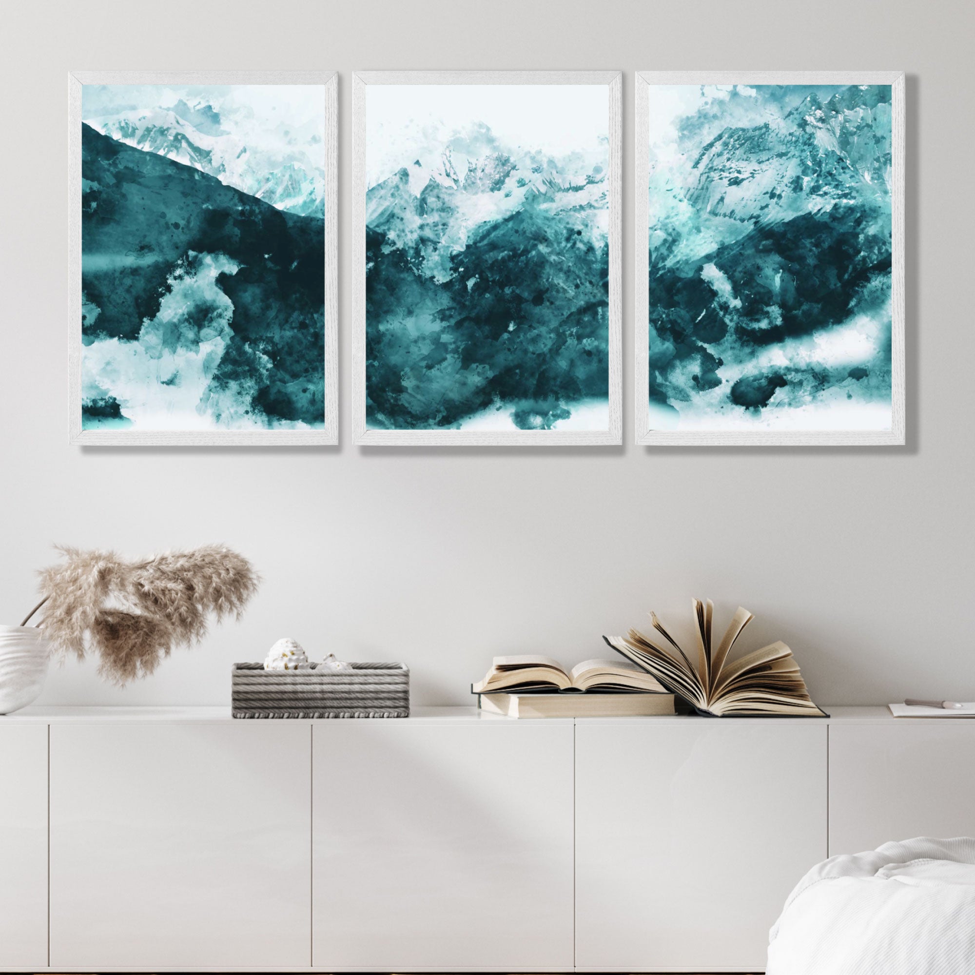 Set of 3 Abstract Teal Blue Mountains Art Prints in White Frames | Artze UK