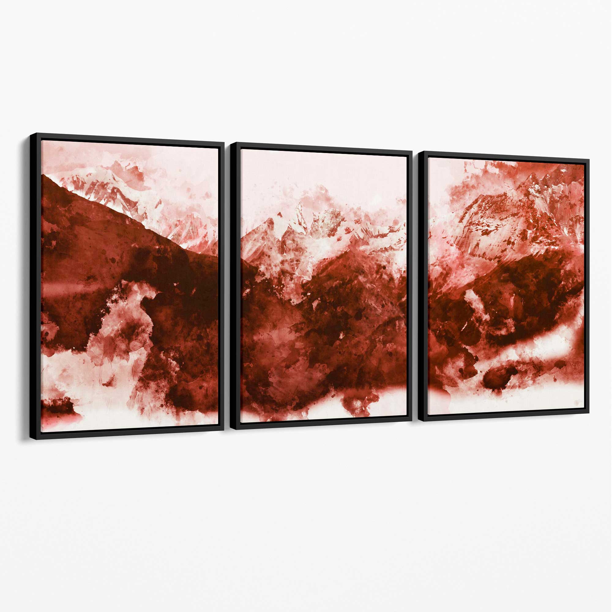 Set of 3 Abstract Dark Orange Mountains Canvas Art Prints with Black Float Frame