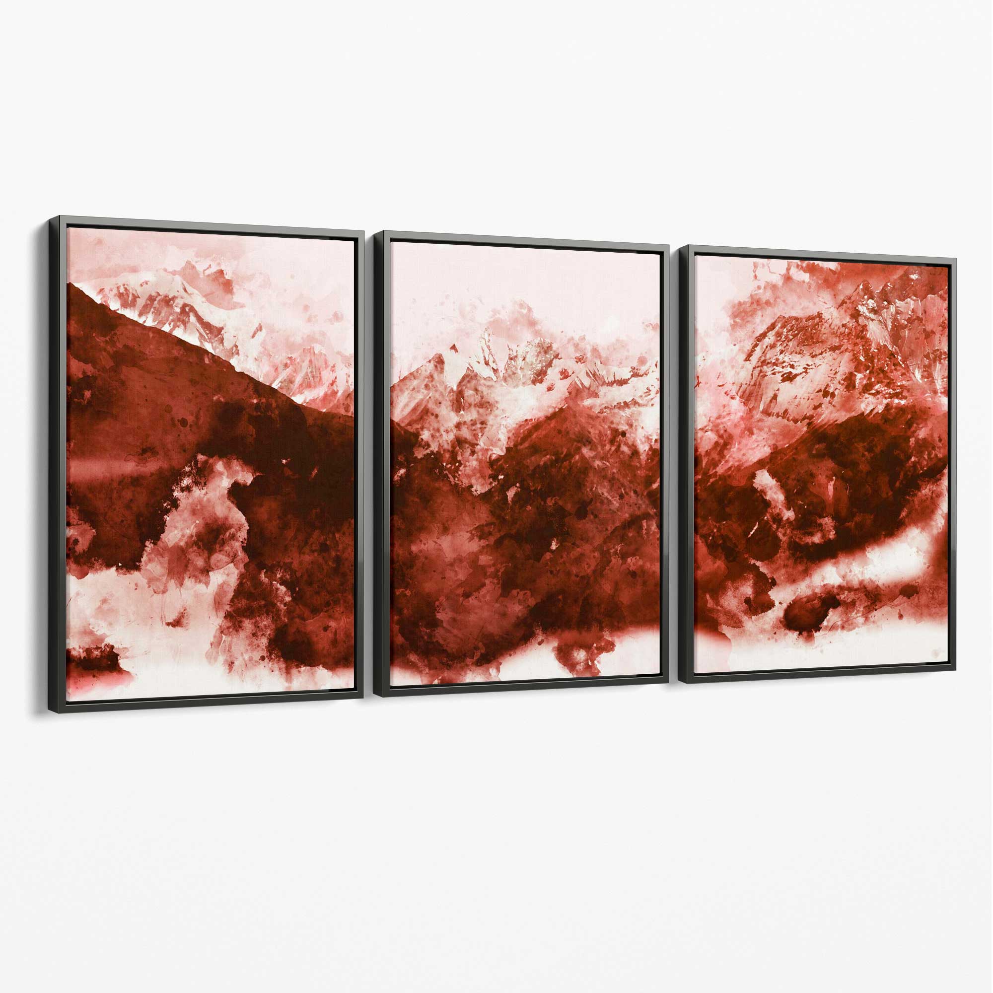 Set of 3 Abstract Dark Orange Mountains Canvas Art Prints with Grey Float Frame