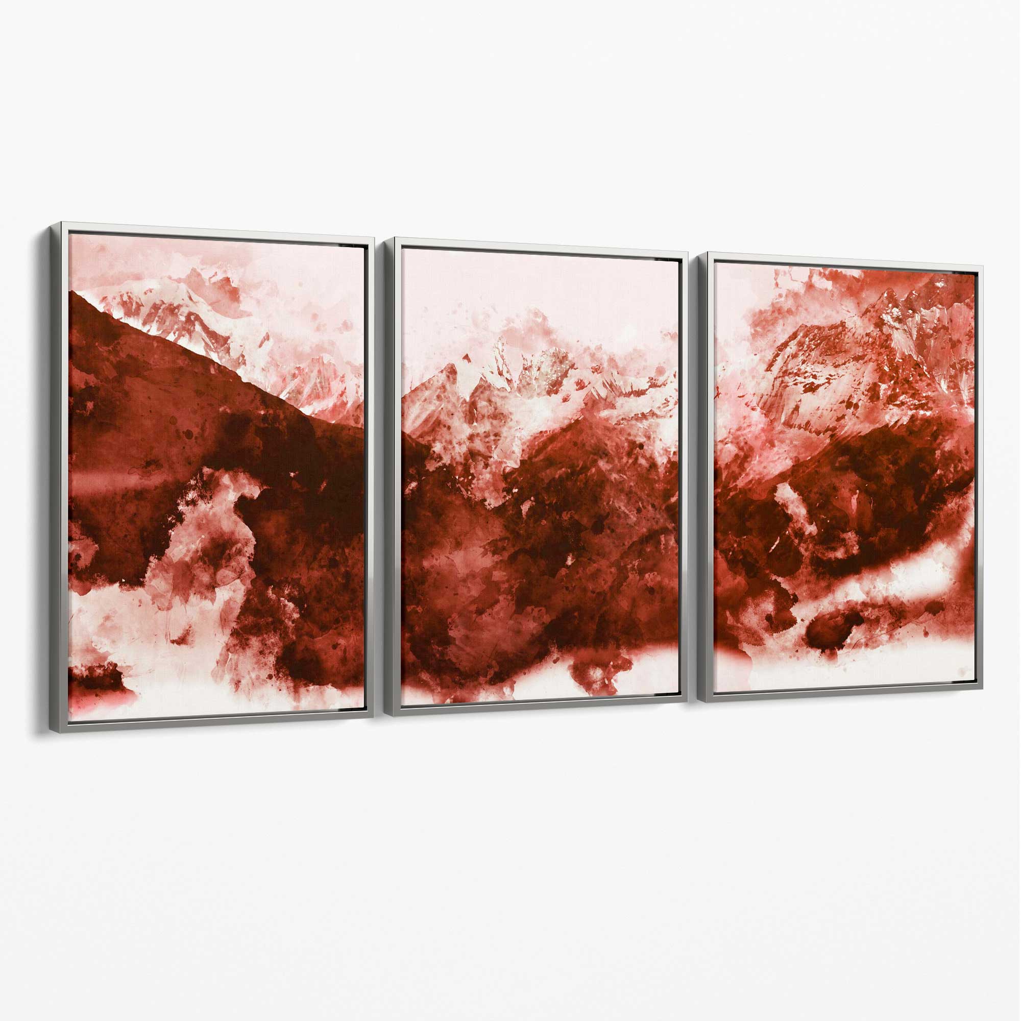 Set of 3 Abstract Dark Orange Mountains Canvas Art Prints with Silver Float Frame