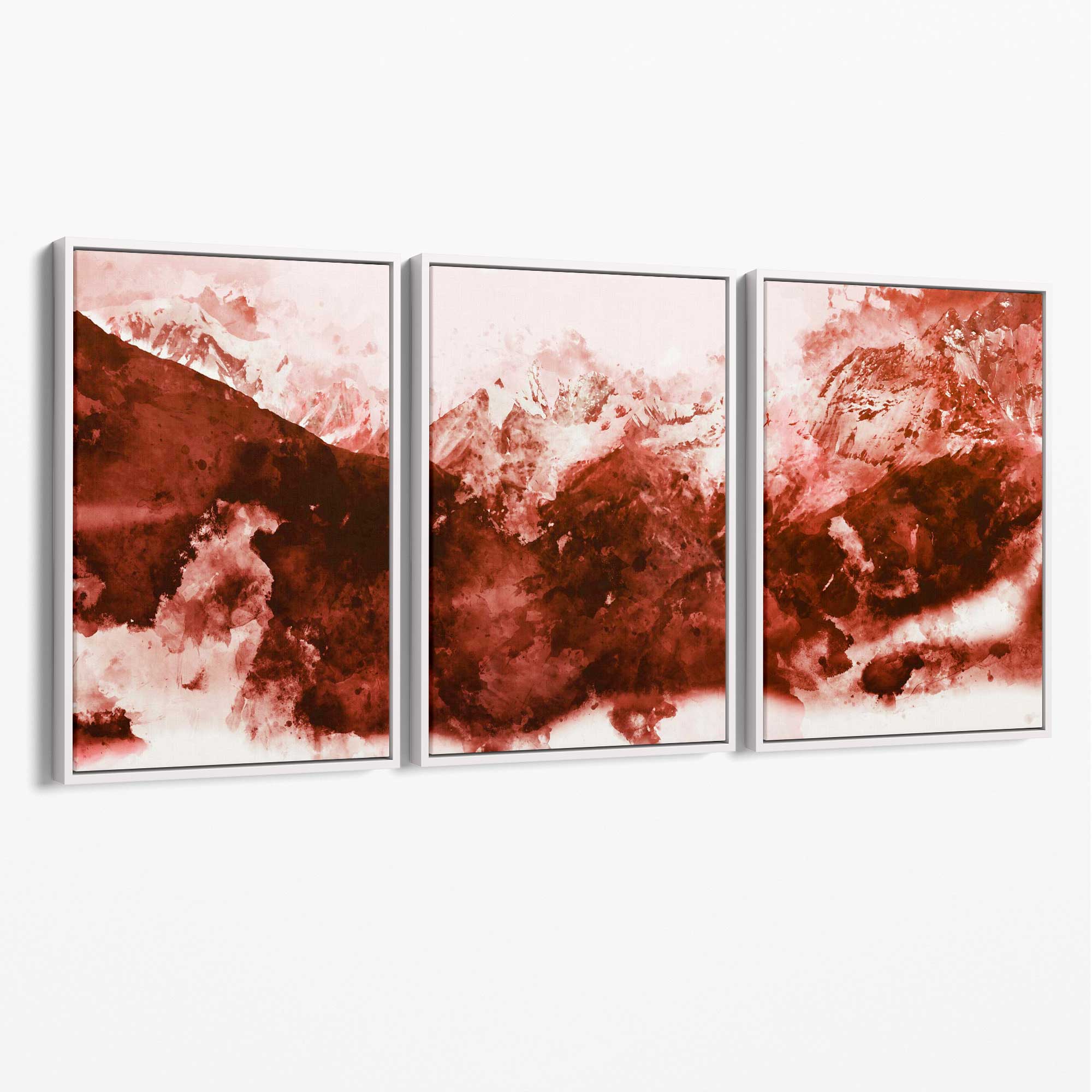 Set of 3 Abstract Dark Orange Mountains Canvas Art Prints with White Float Frame