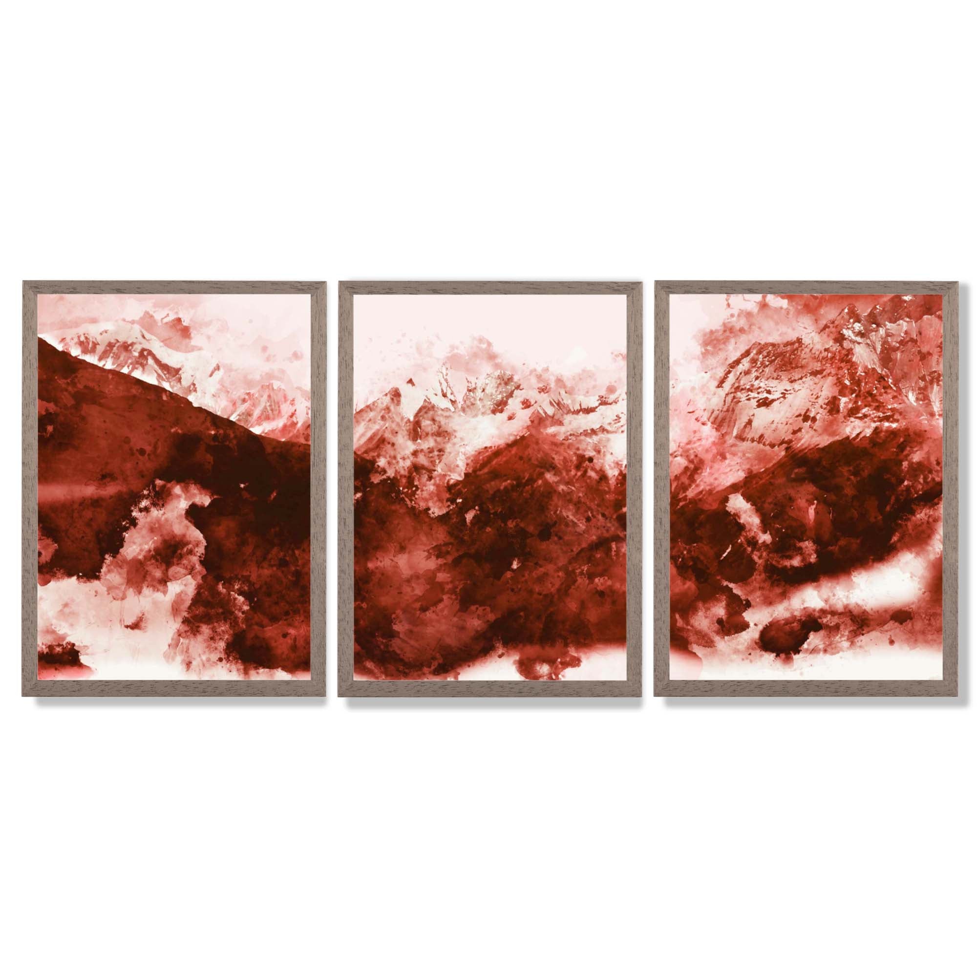 Set of 3 Abstract Dark Orange Mountains Framed Art Prints with Light Walnut Frames