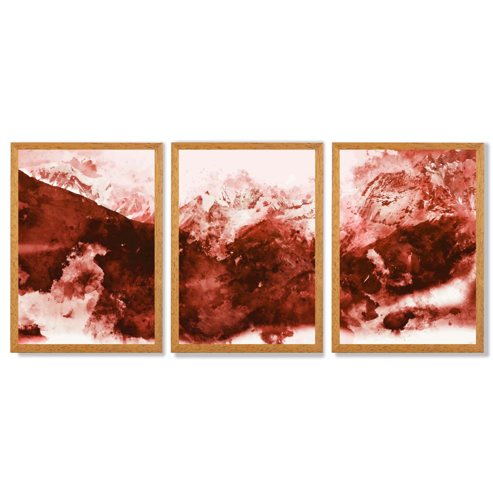 Set of 3 Abstract Dark Orange Mountains Framed Art Prints with Oak Wooden Frames