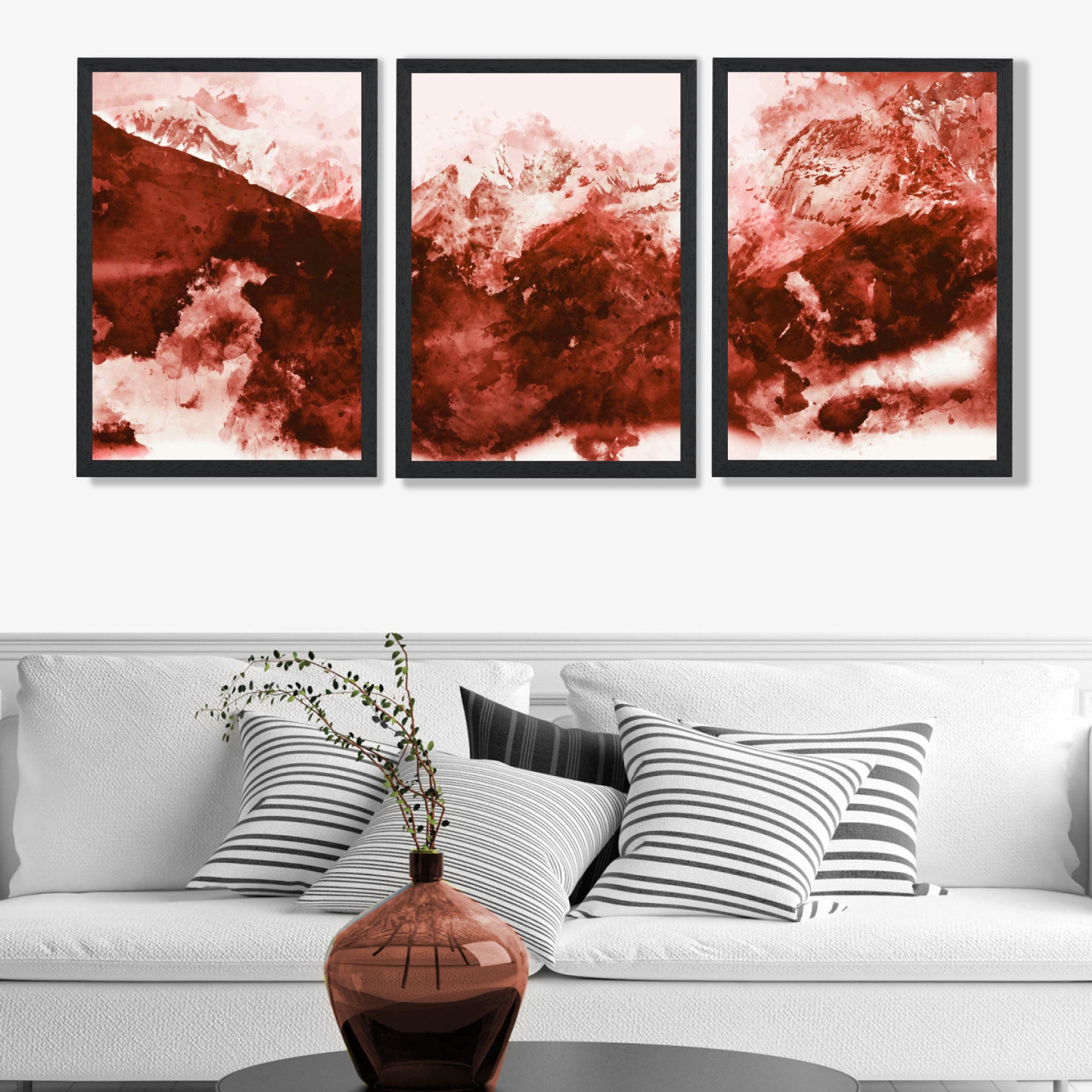 Set of 3 Abstract Dark Orange Mountains Art Prints in Black Frames | Artze UK