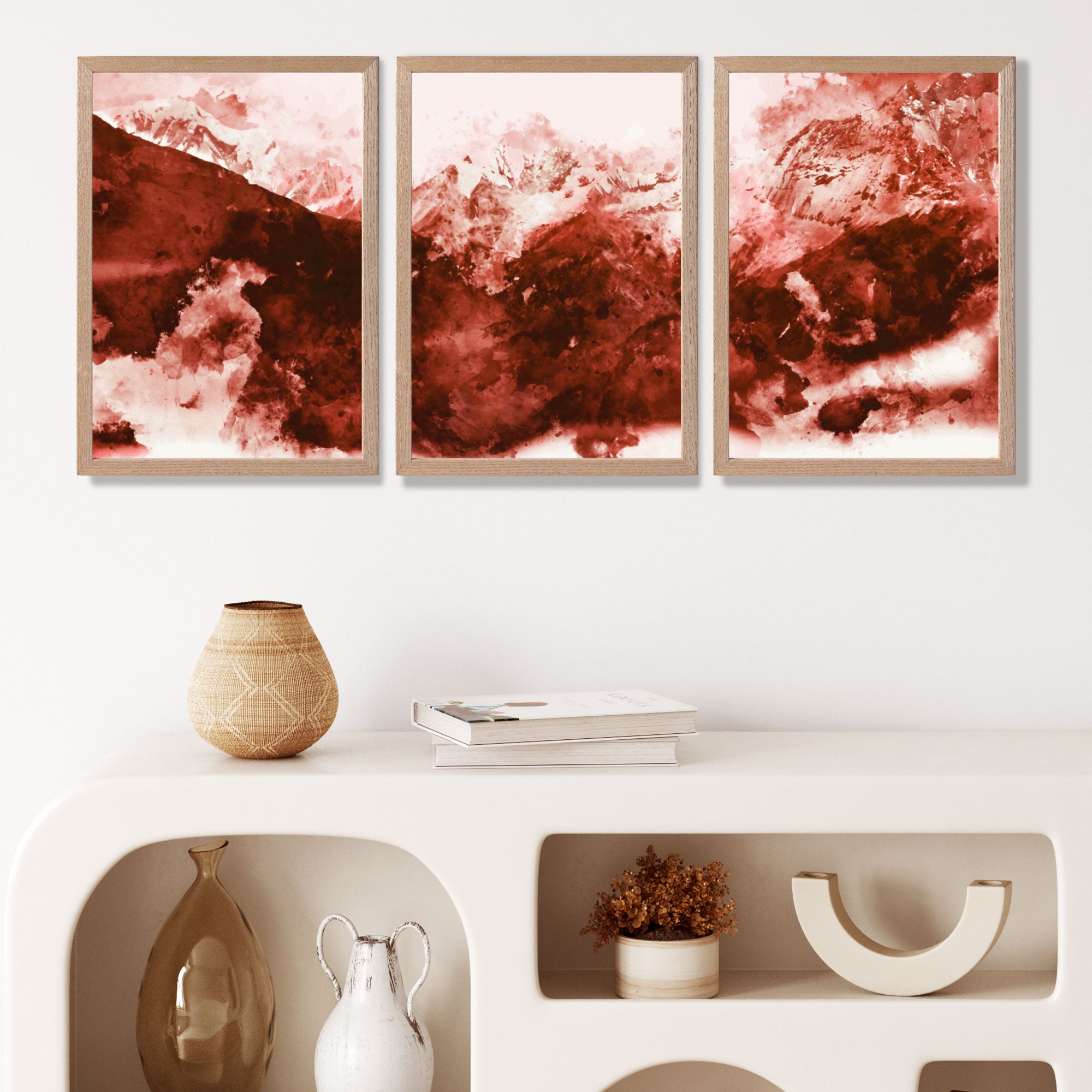 Set of 3 Abstract Dark Orange Mountains Art Prints in Oak Frames | Artze UK