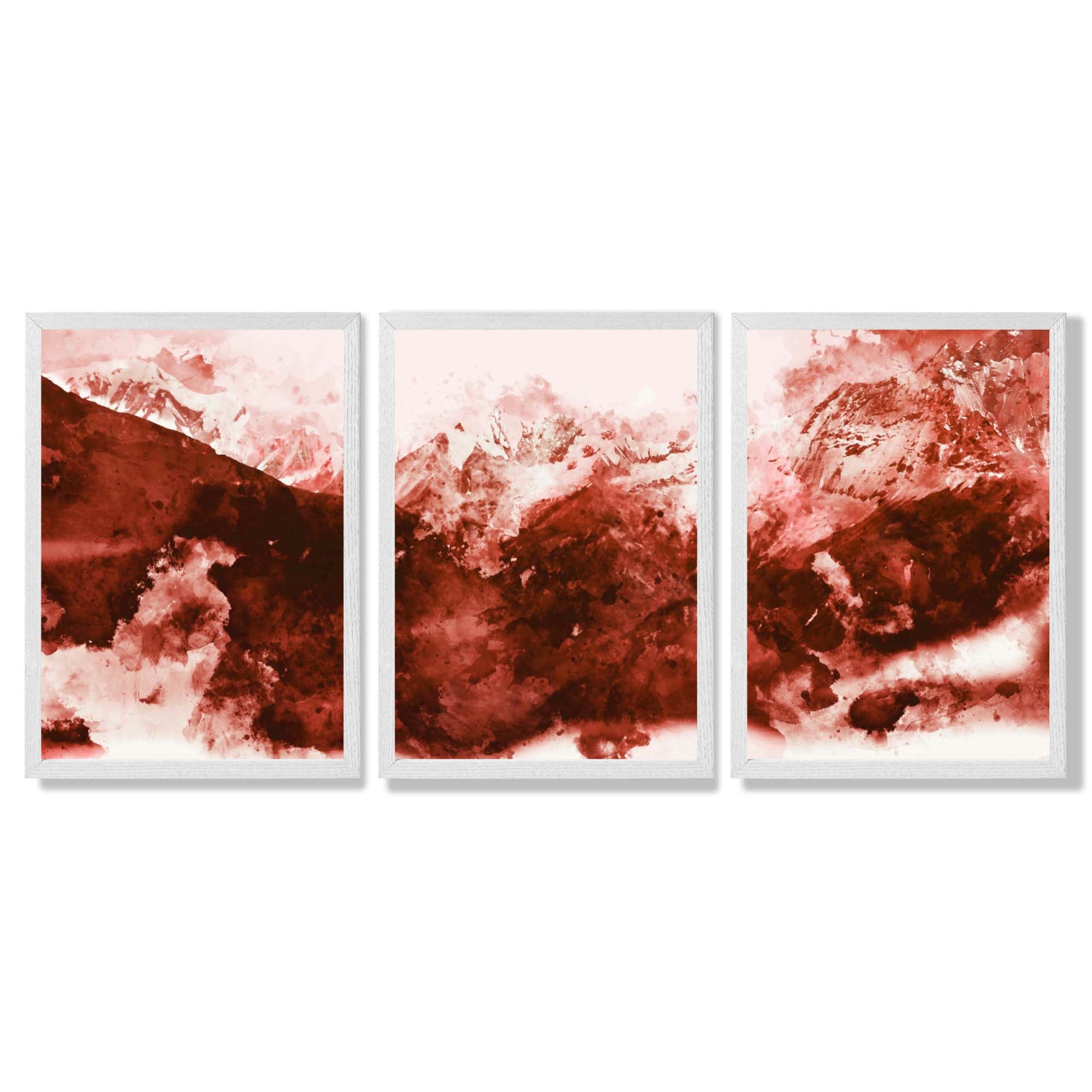 Set of 3 Abstract Dark Orange Mountains Framed Art Prints with White Wooden Frames