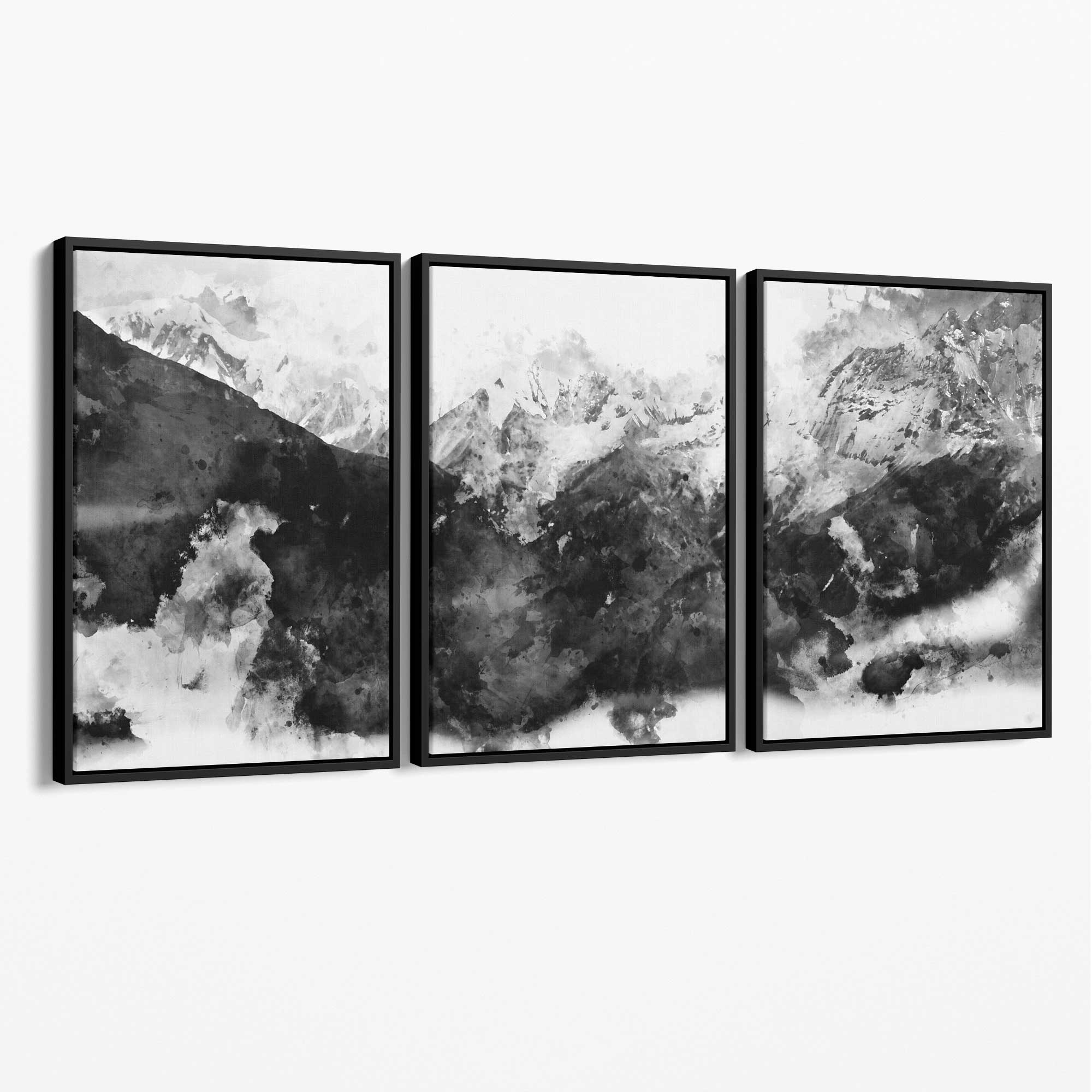 Set of 3 Abstract Black and Grey Mountains Canvas Art Prints with Black Float Frame