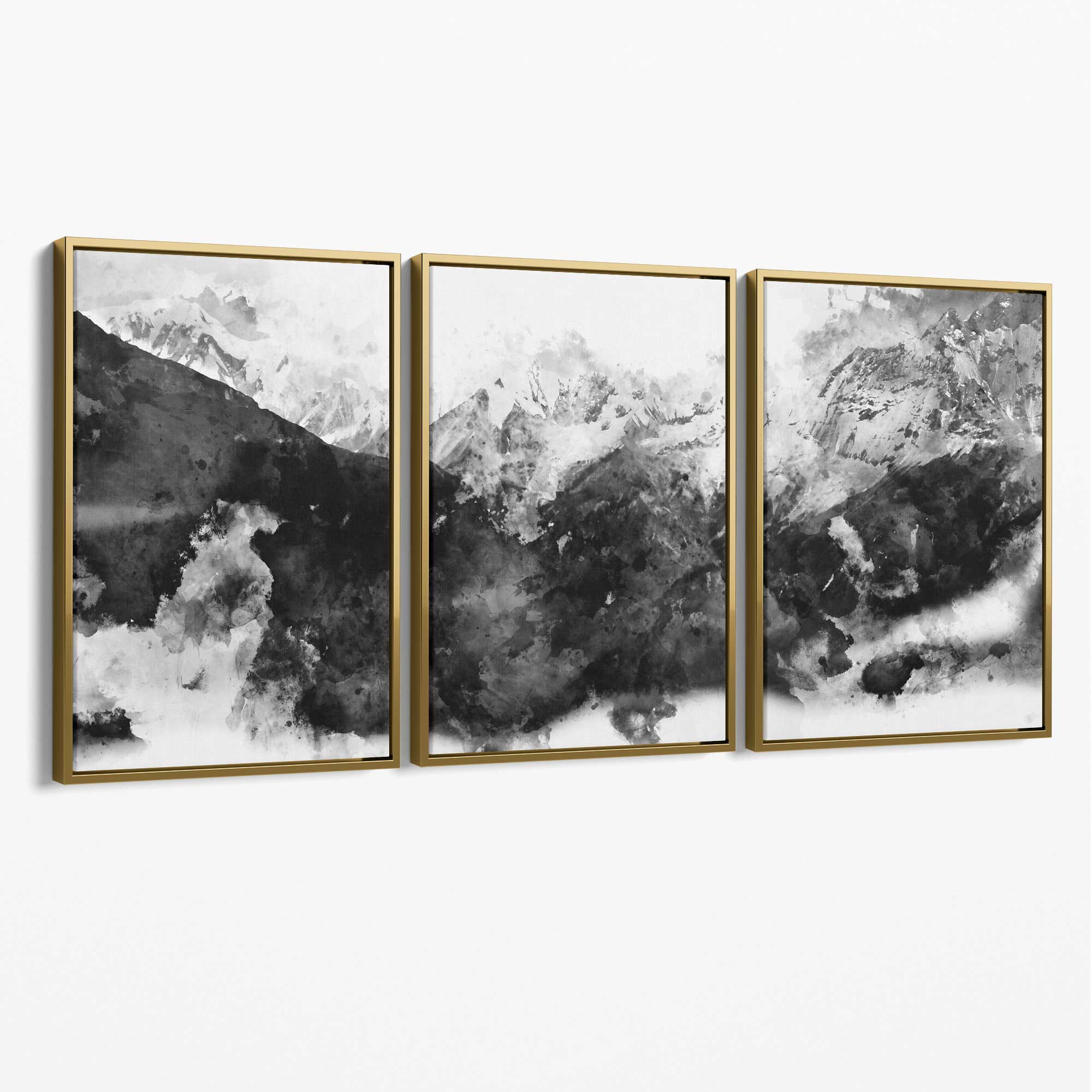 Set of 3 Abstract Black and Grey Mountains Canvas Art Prints with Gold Float Frame