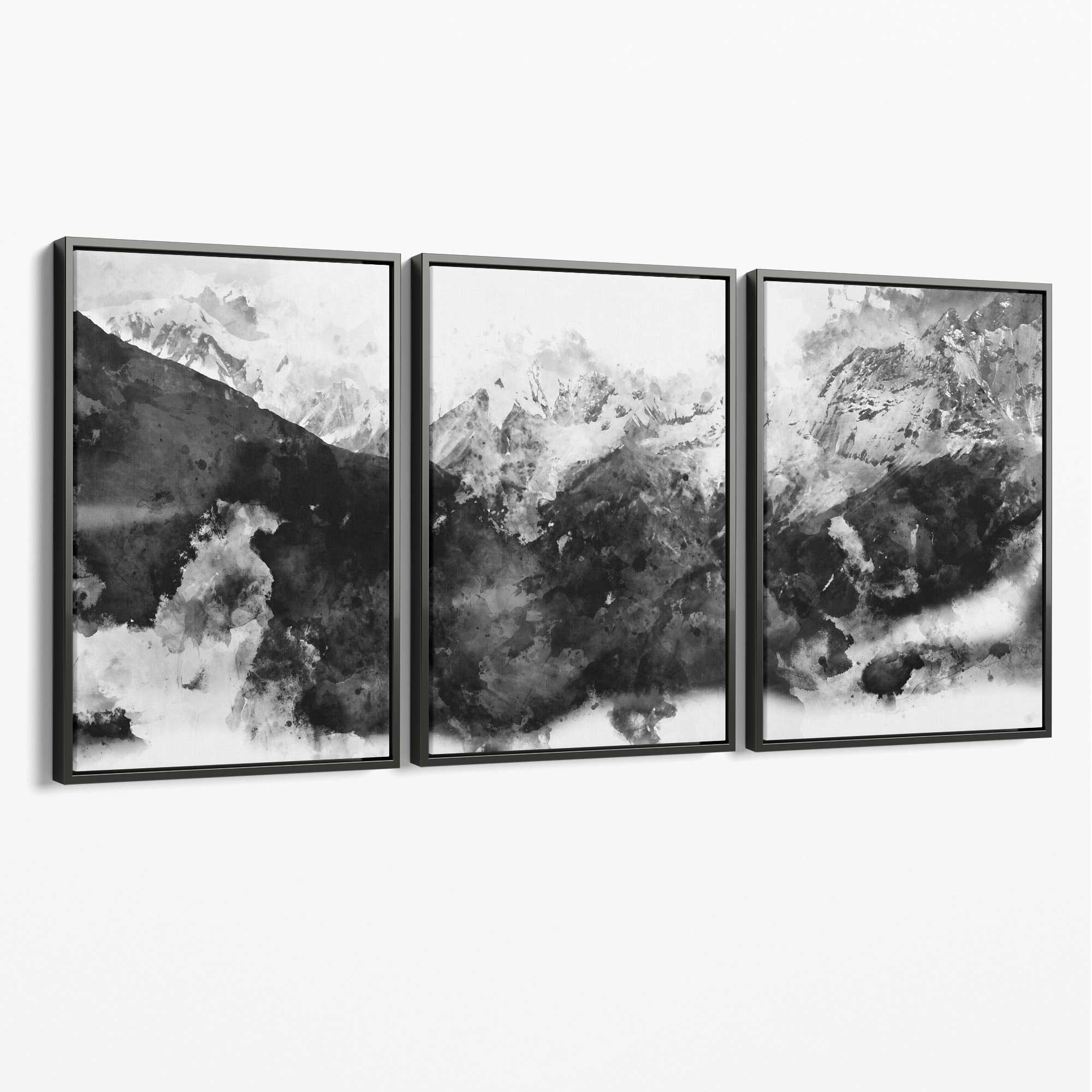 Set of 3 Abstract Black and Grey Mountains Canvas Art Prints with Grey Float Frame