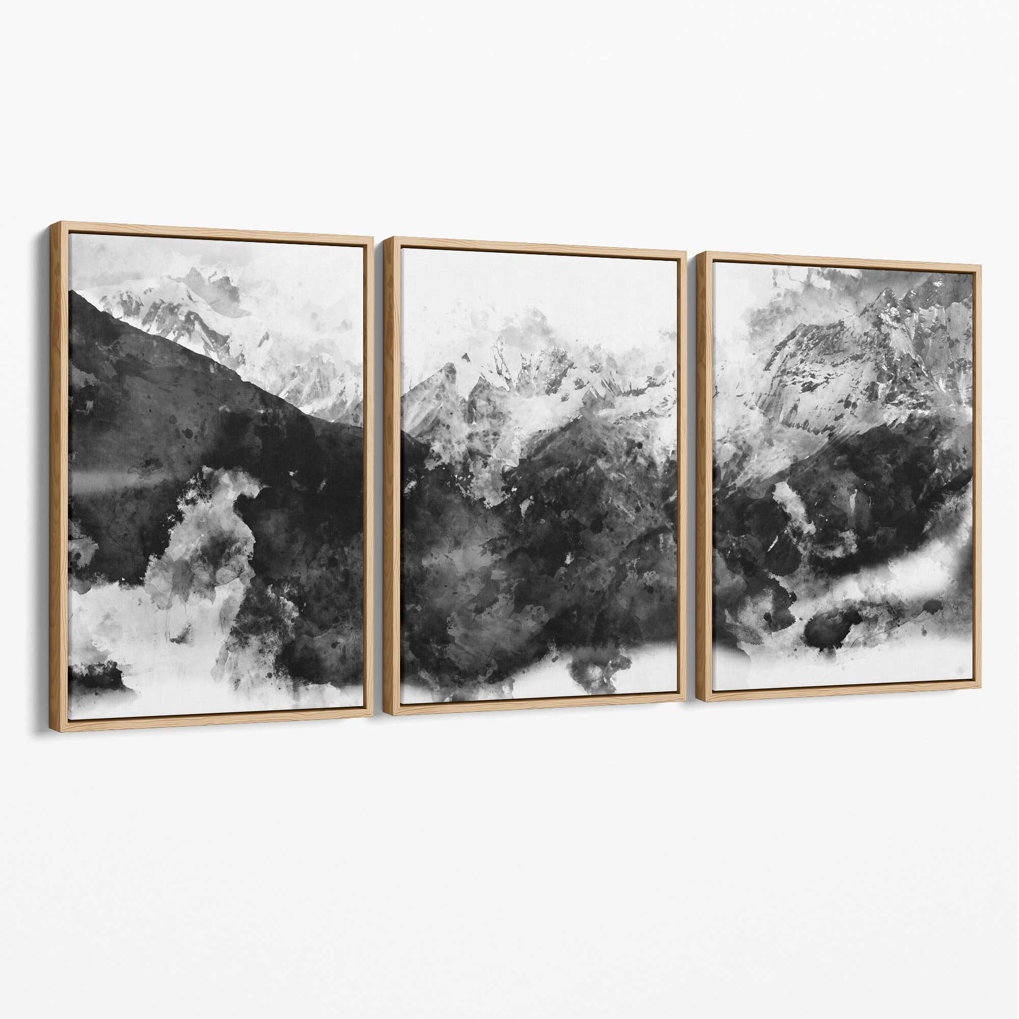 Set of 3 Abstract Black and Grey Mountains Canvas Art Prints with Oak Float Frame