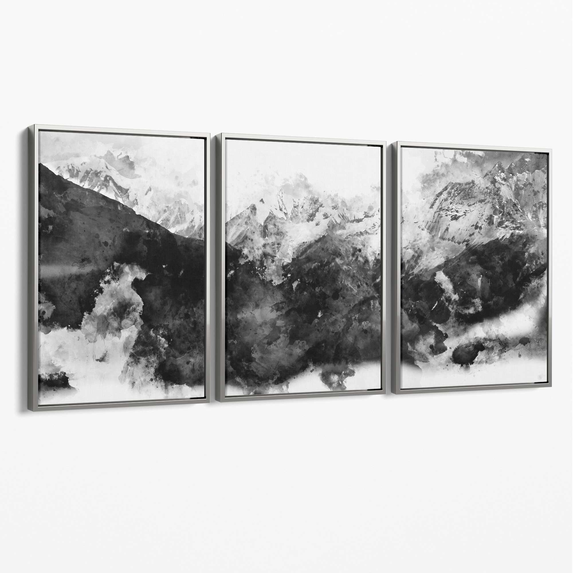 Set of 3 Abstract Black and Grey Mountains Canvas Art Prints with Silver Float Frame