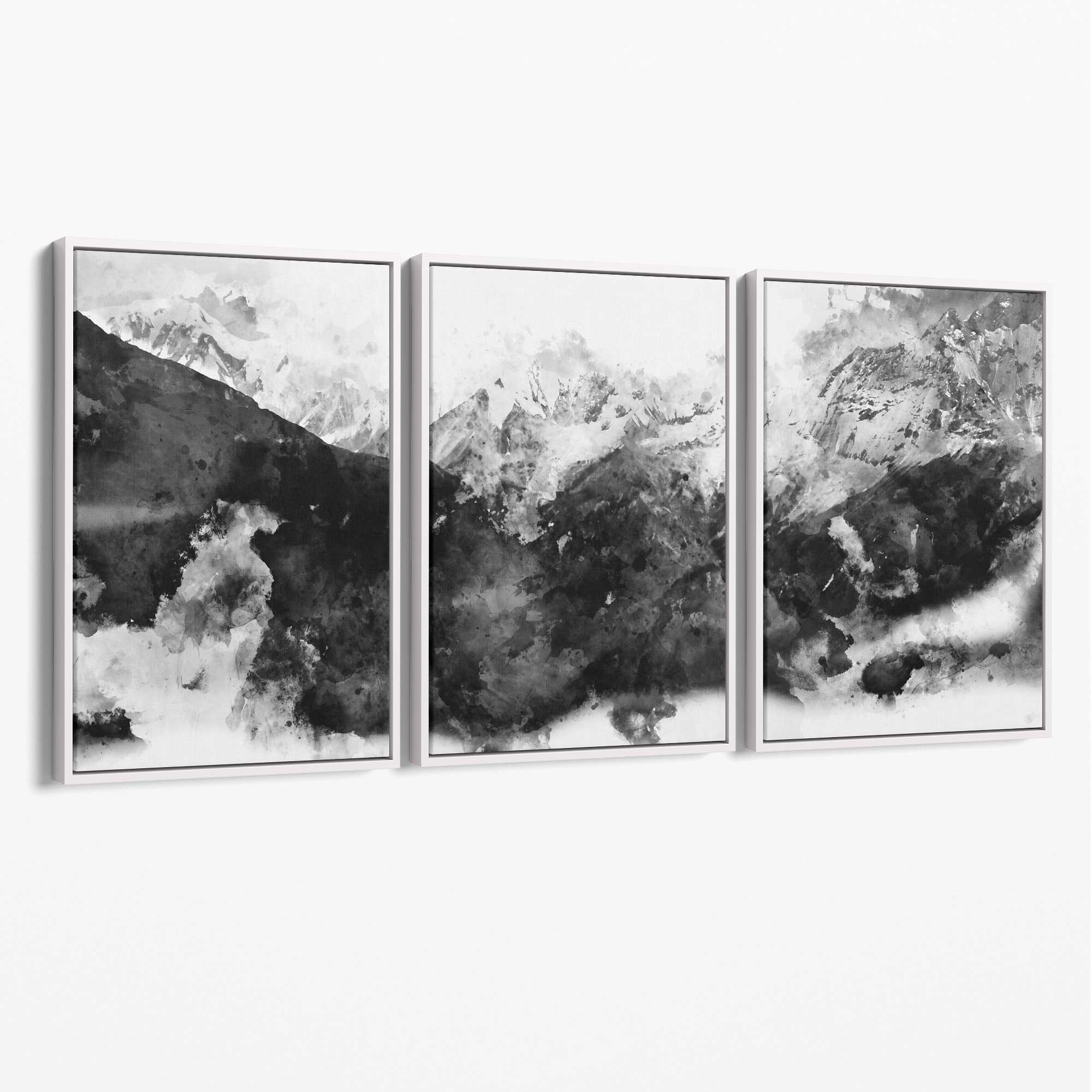 Set of 3 Abstract Black and Grey Mountains Canvas Art Prints with White Float Frame