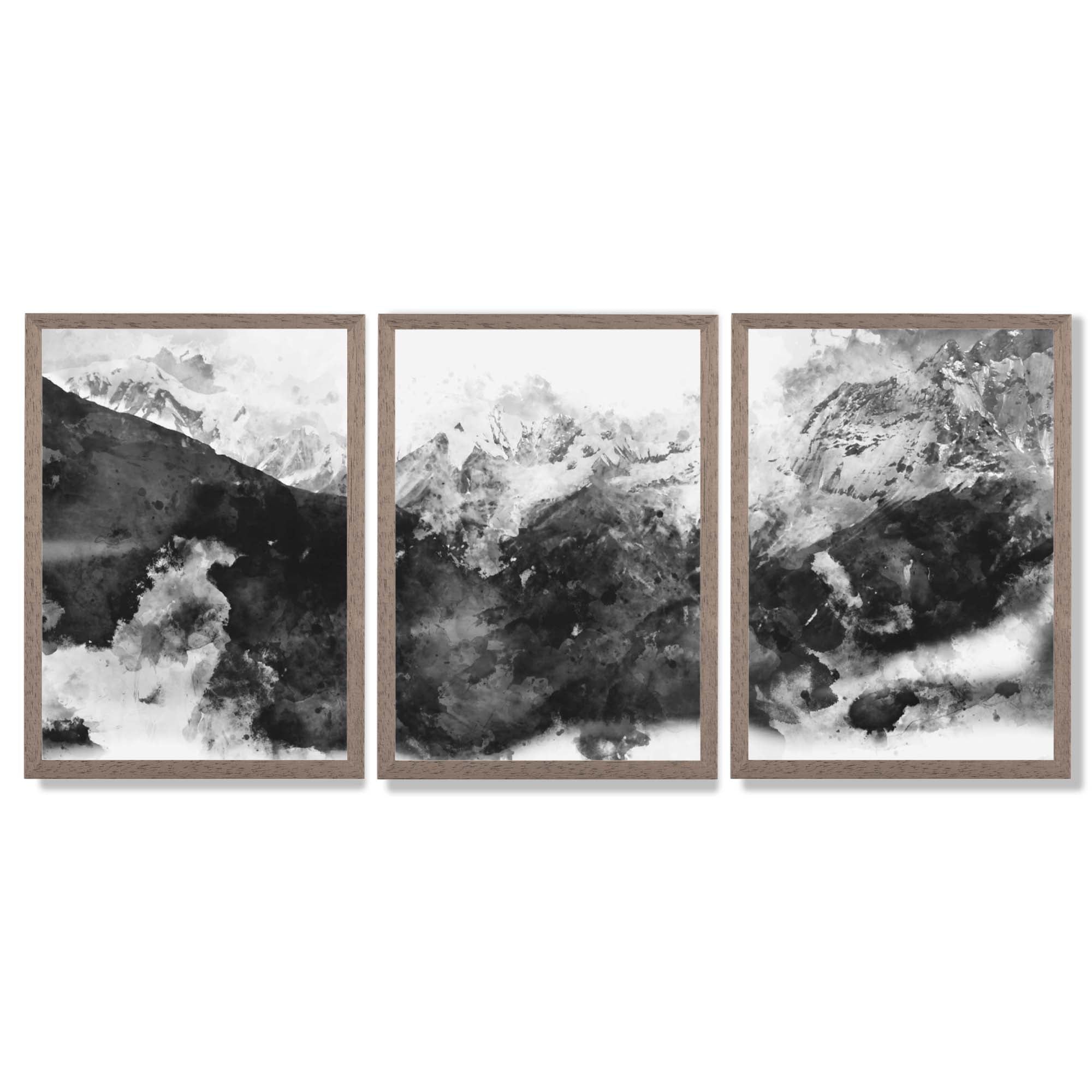 Set of 3 Abstract Black and Grey Mountains Framed Art Prints with Light Walnut Frames