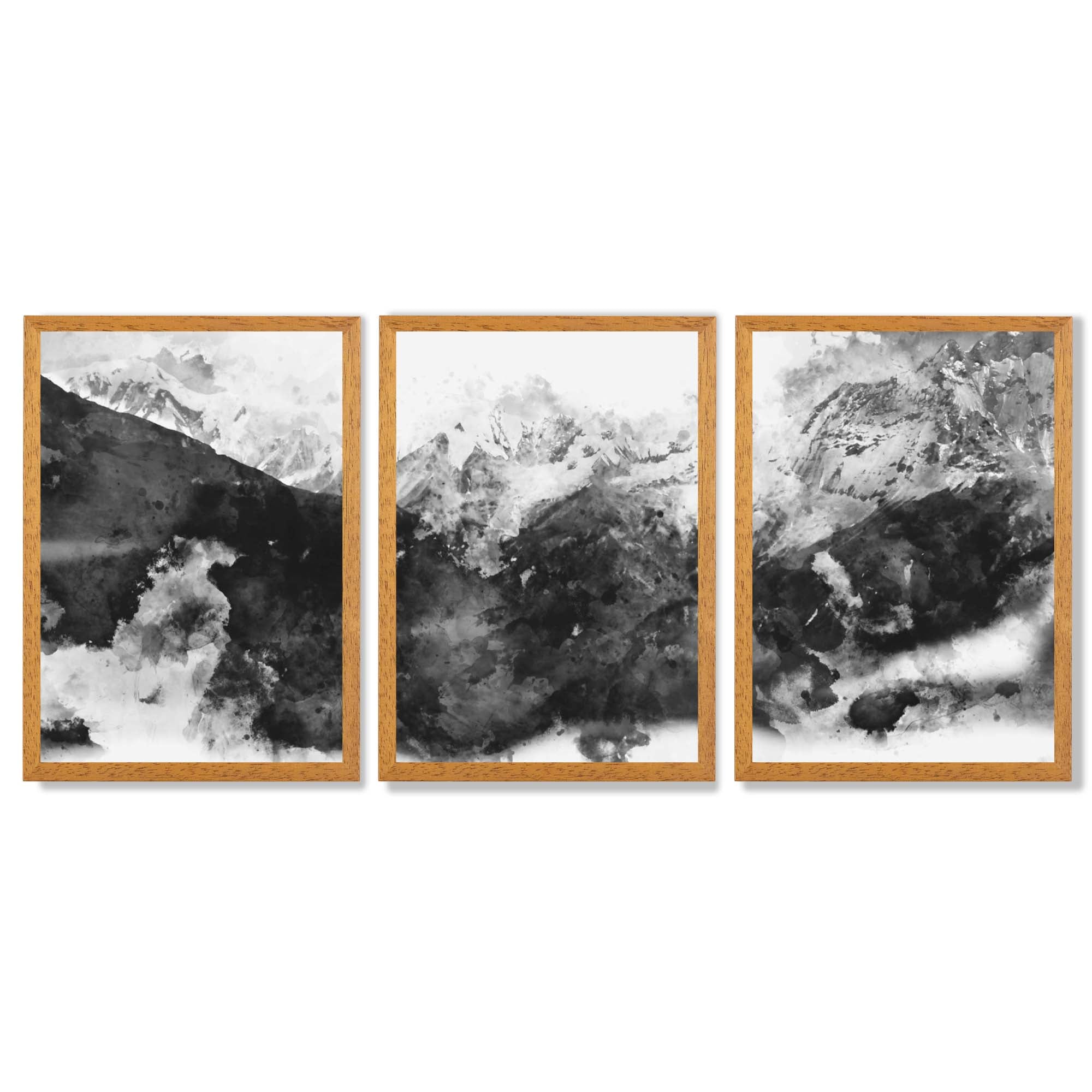 Set of 3 Abstract Black and Grey Mountains Framed Art Prints with Oak Wooden Frames