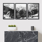 Set of 3 Abstract Black and Grey Mountains Art Prints in Black Frames | Artze UK