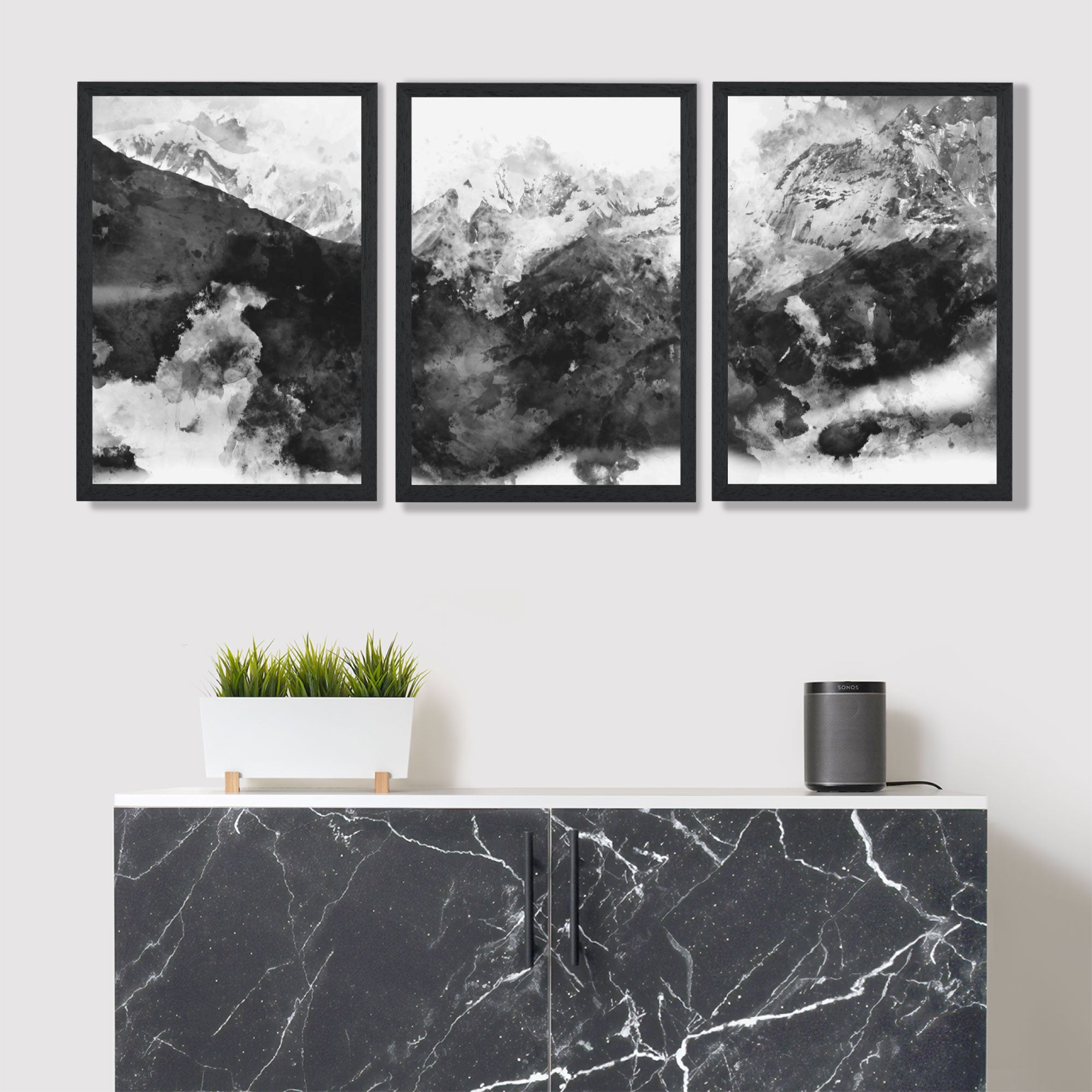 Set of 3 Abstract Black and Grey Mountains Art Prints in Black Frames | Artze UK