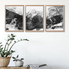 Set of 3 Abstract Black and Grey Mountains Art Prints in Oak Frames | Artze UK