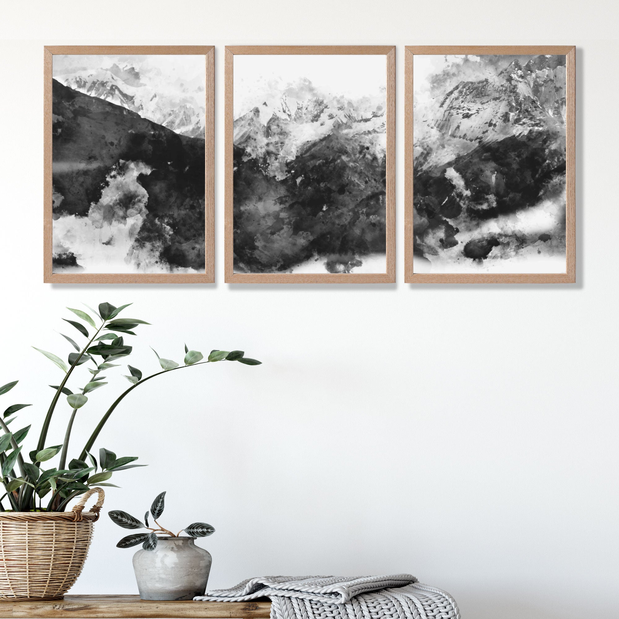 Set of 3 Abstract Black and Grey Mountains Art Prints in Oak Frames | Artze UK