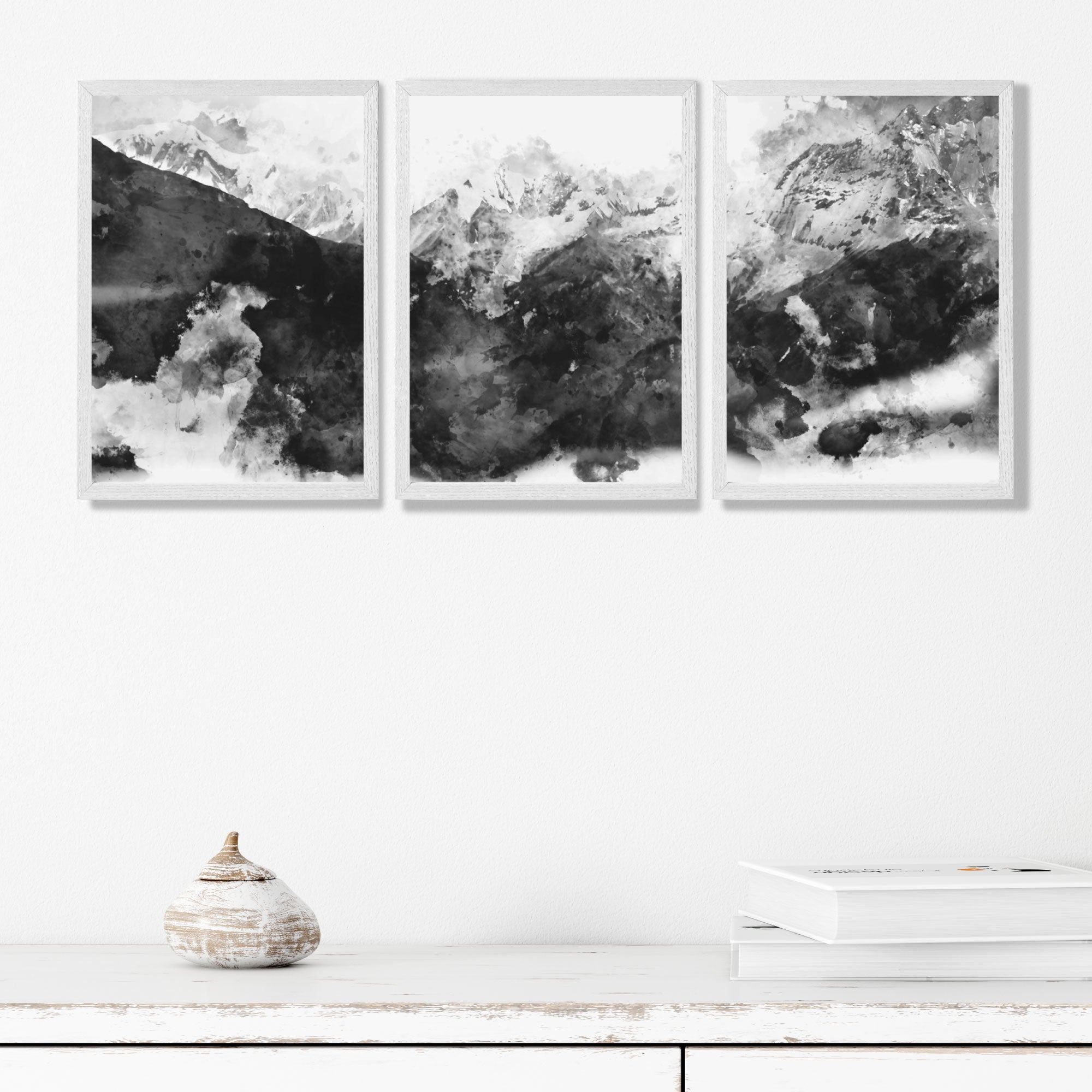 Set of 3 Abstract Black and Grey Mountains Art Prints in White Frames | Artze UK
