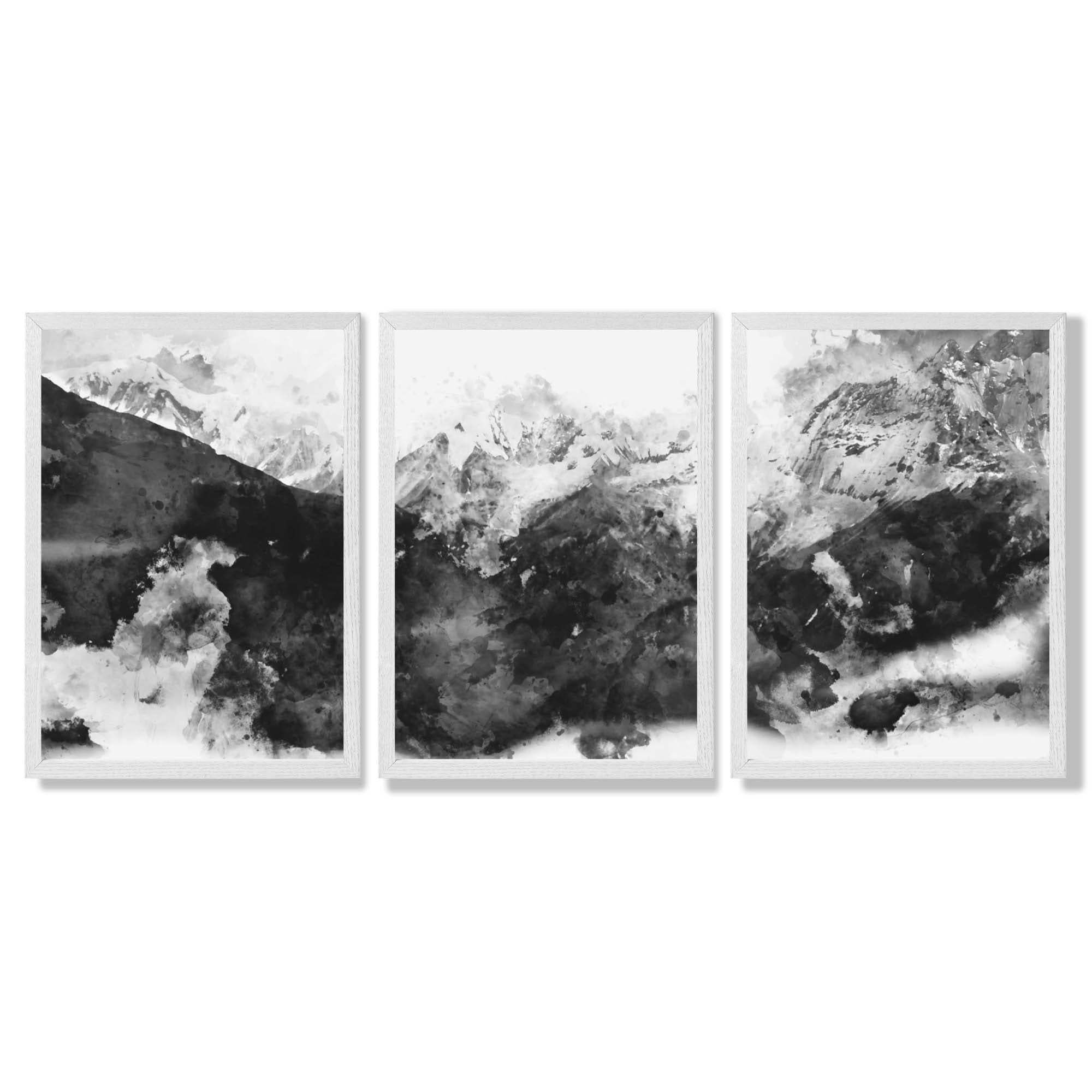 Set of 3 Abstract Black and Grey Mountains Framed Art Prints with White Wooden Frames