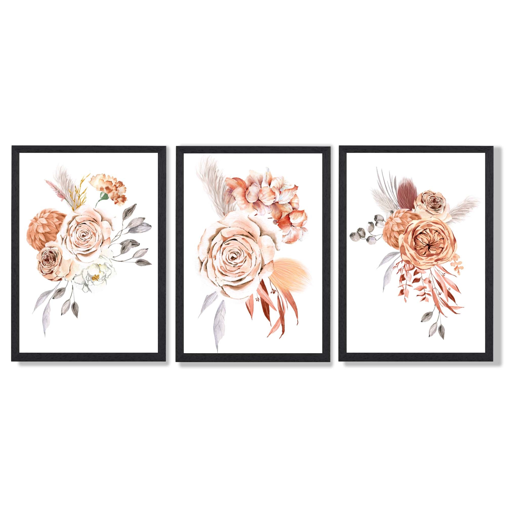 Set of 3 Caramel Roses Floral Framed Art Prints with Black Wooden Frames