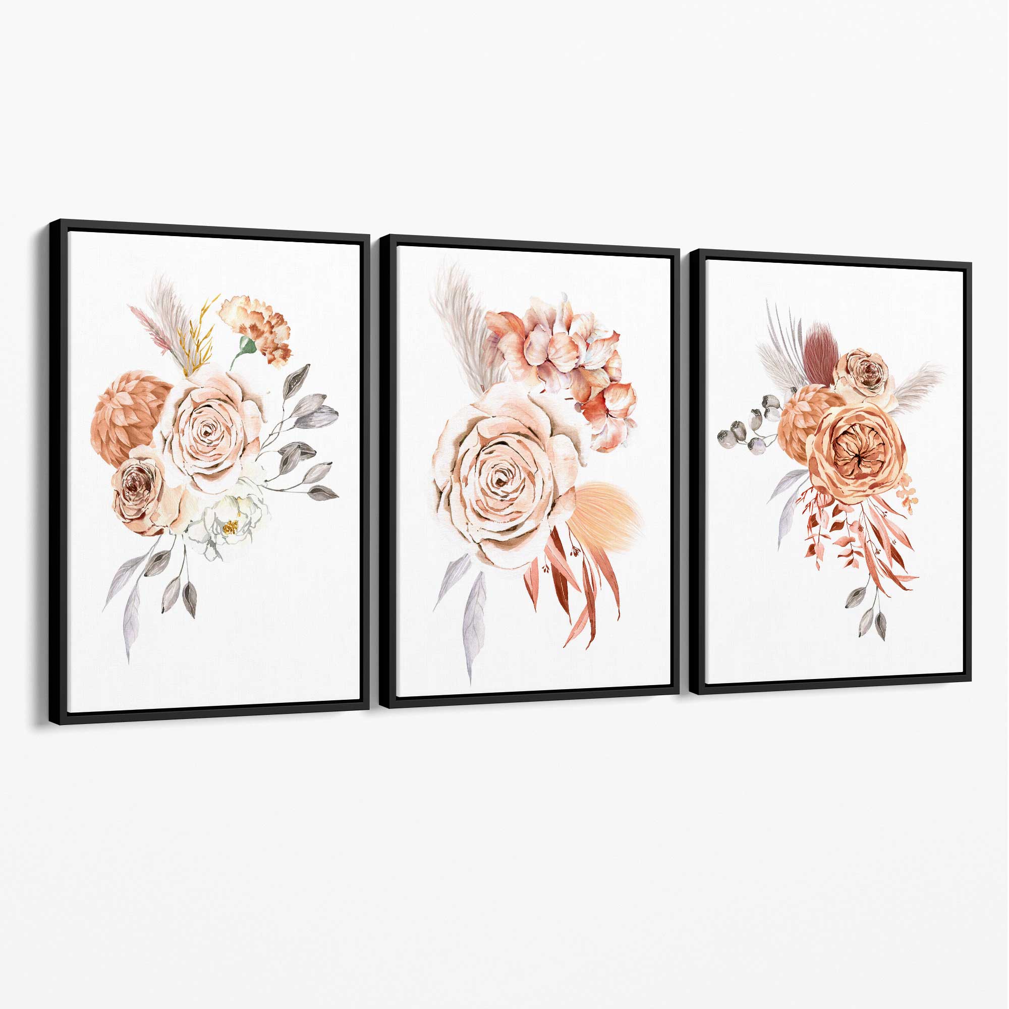Set of 3 Caramel Roses Floral Canvas Art Prints with Black Float Frame