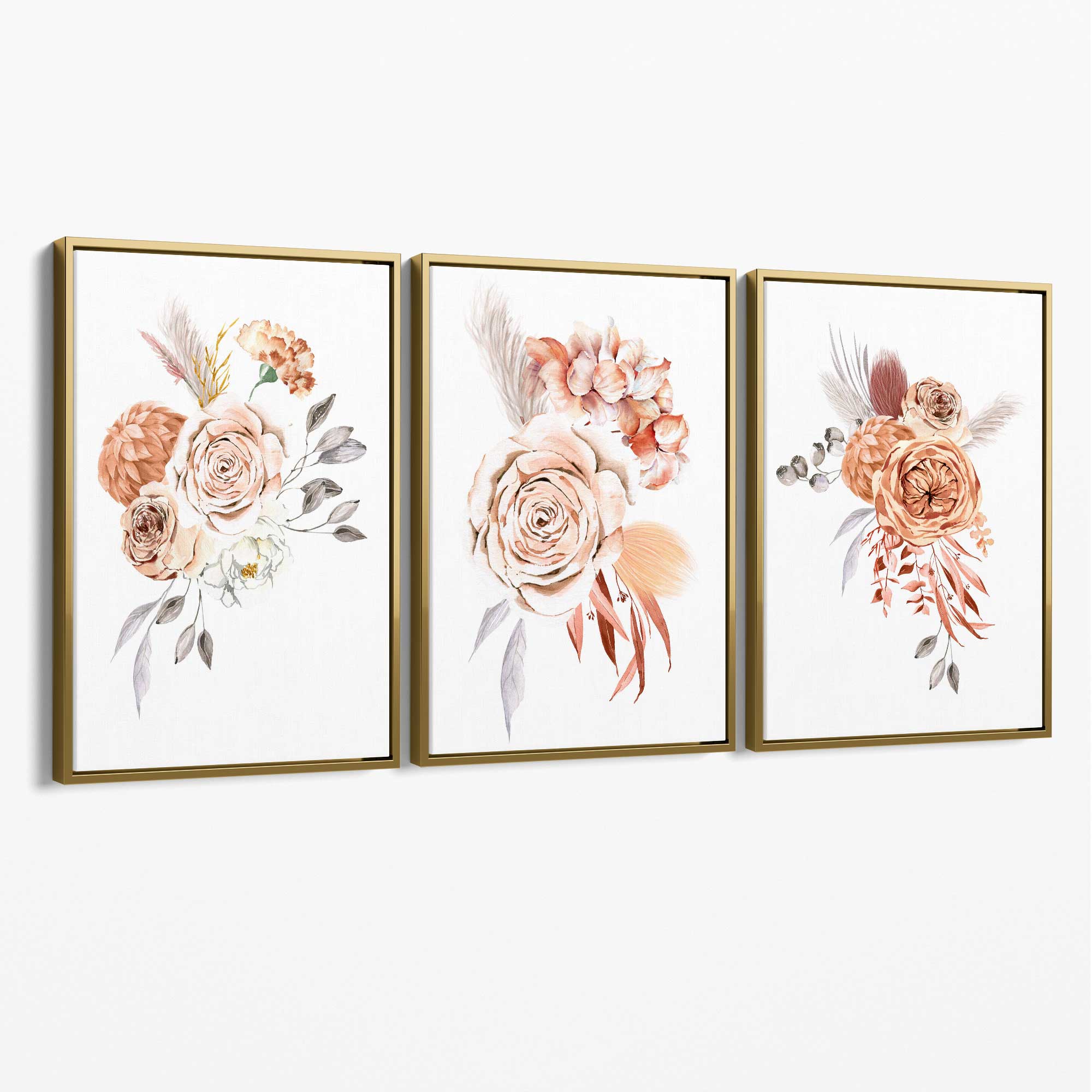 Set of 3 Caramel Roses Floral Canvas Art Prints with Gold Float Frame