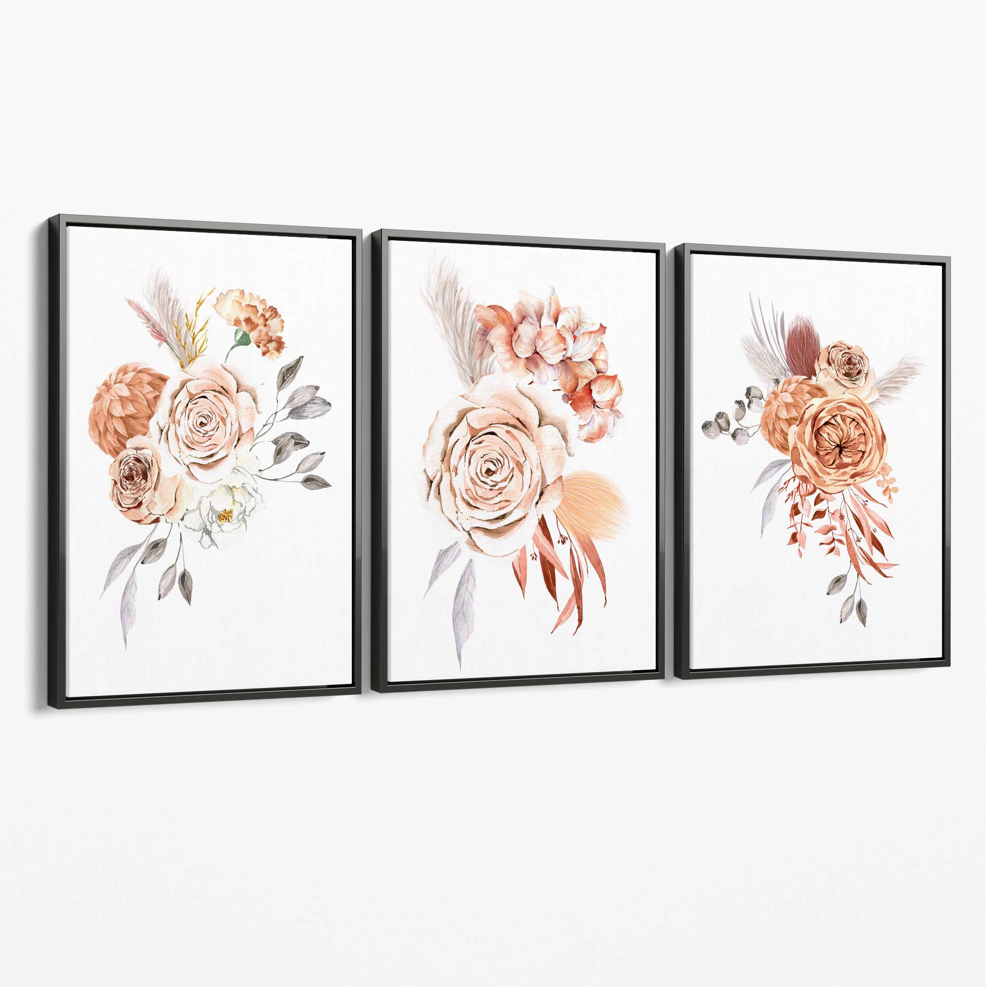 Set of 3 Caramel Roses Floral Canvas Art Prints with Grey Float Frame