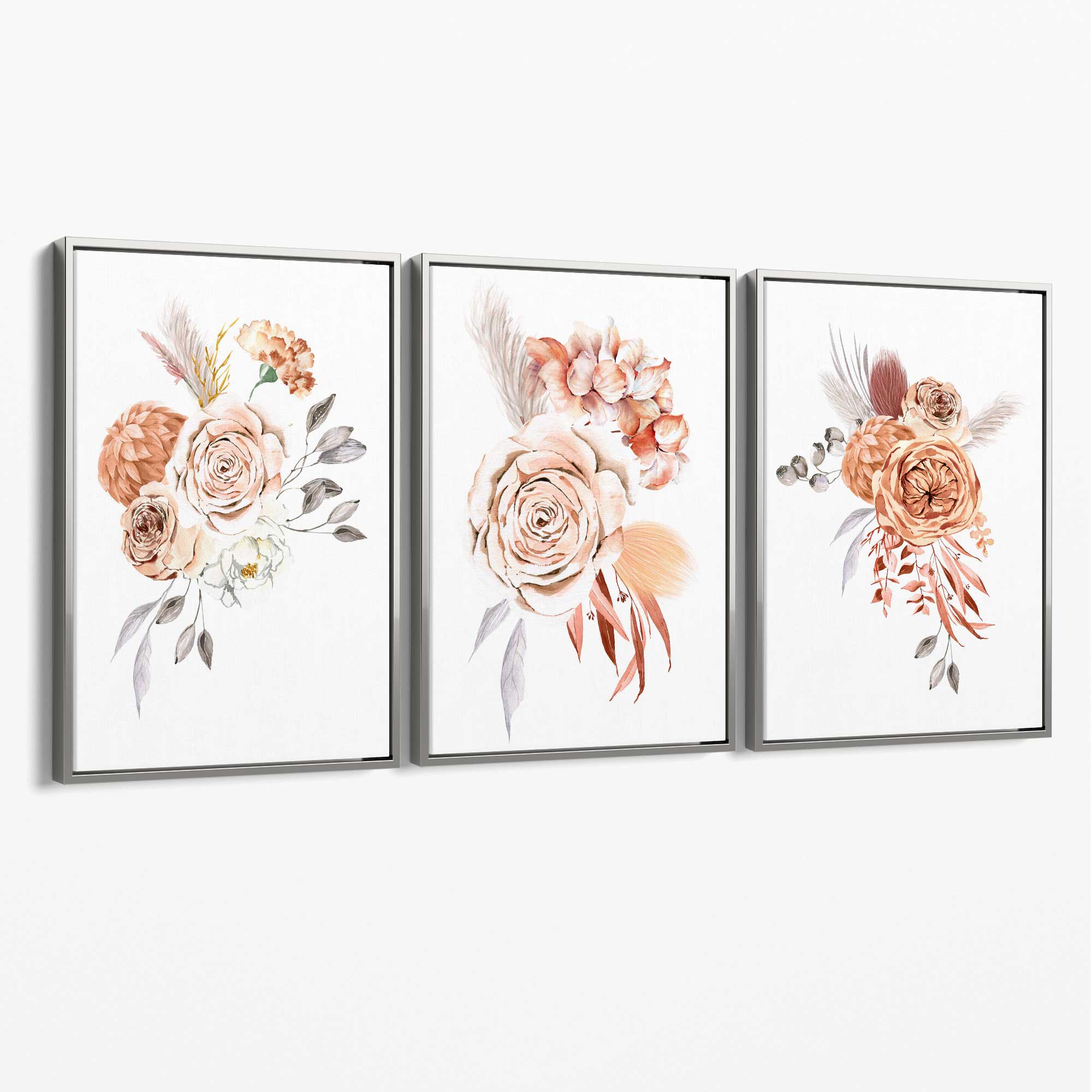 Set of 3 Caramel Roses Floral Canvas Art Prints with Silver Float Frame