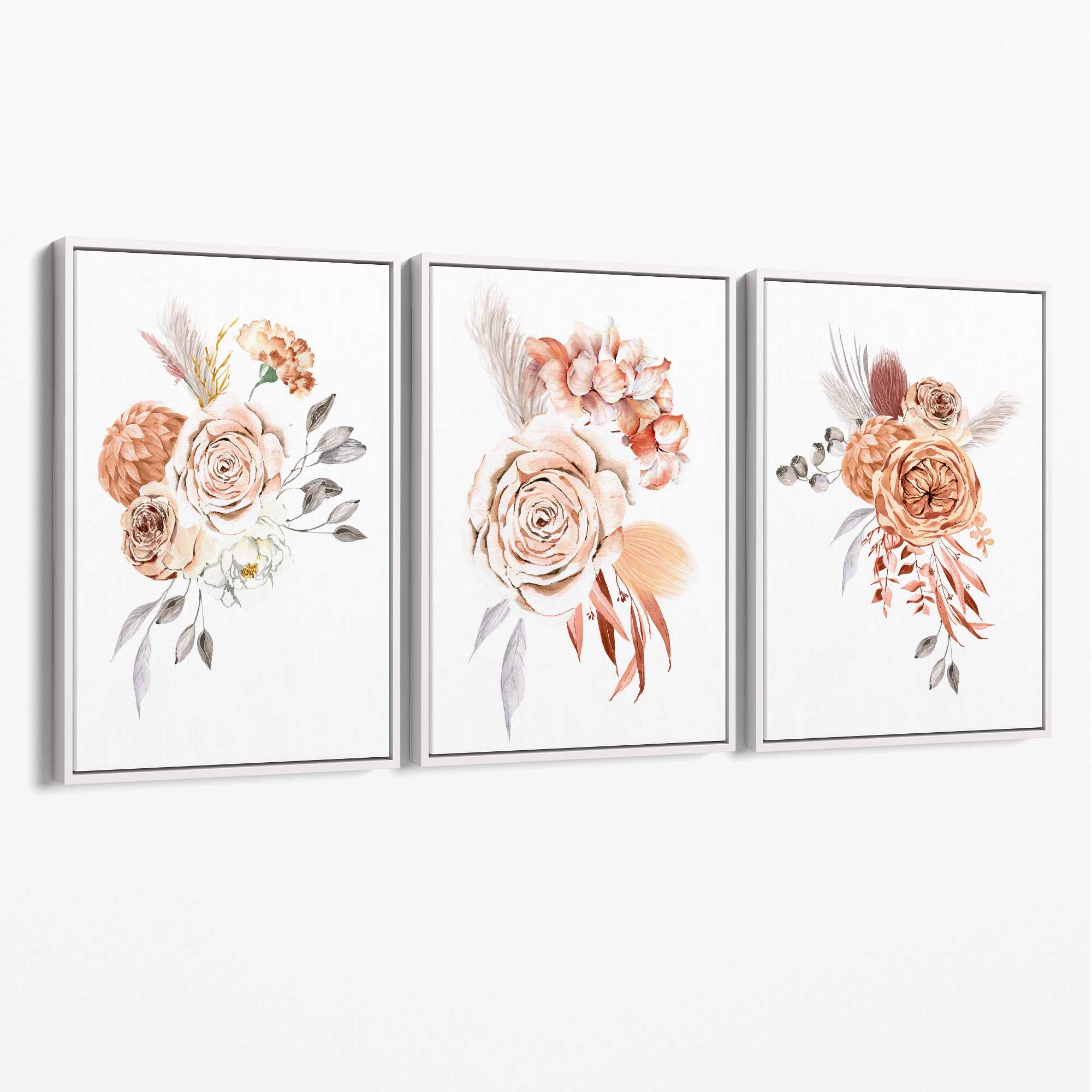 Set of 3 Caramel Roses Floral Canvas Art Prints with White Float Frame