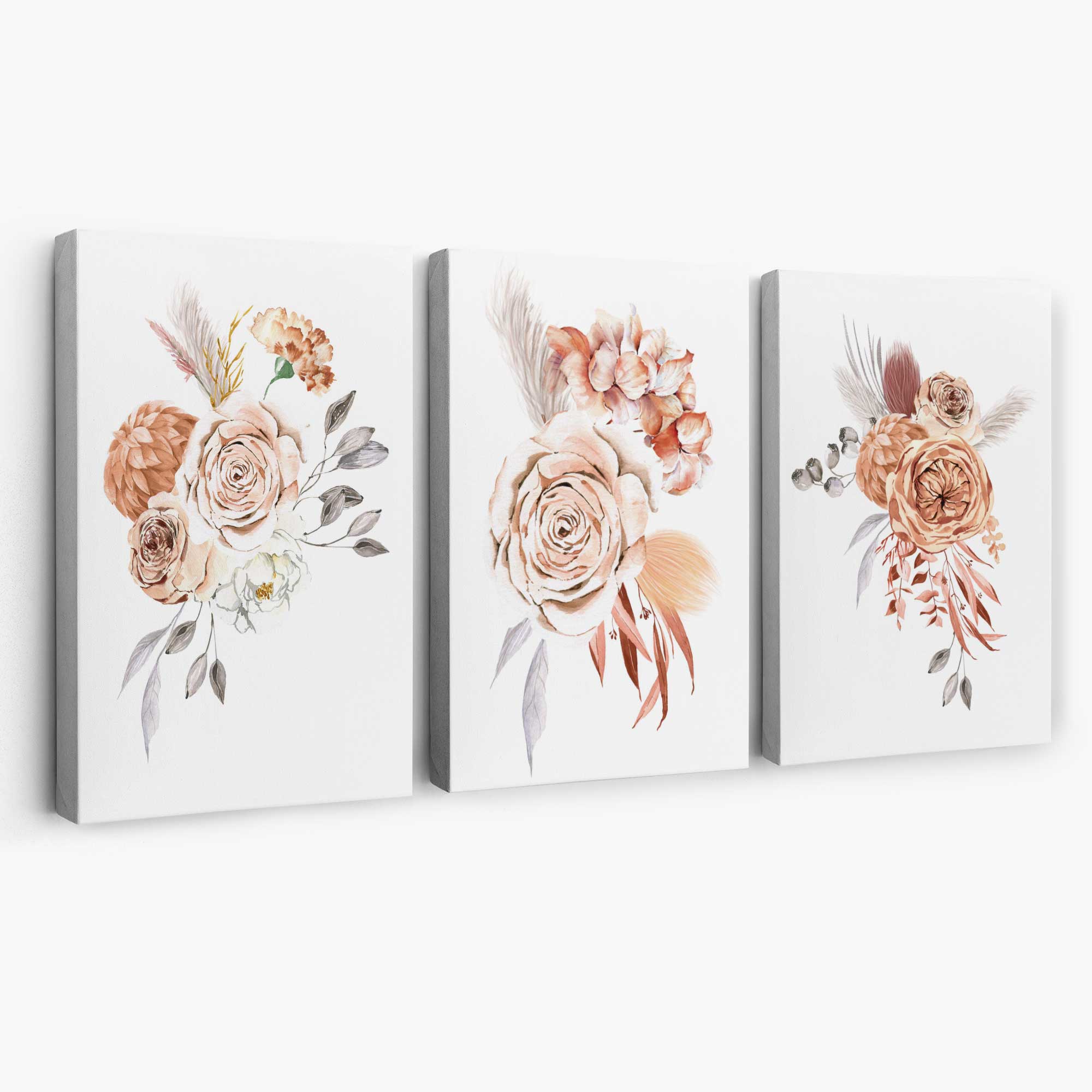 Set of 3 Caramel Roses Floral Canvas Art Prints | Artze Wall Art