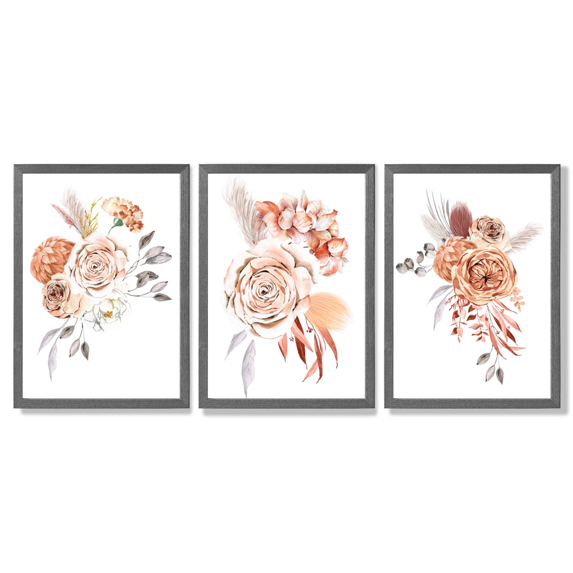 Set of 3 Caramel Roses Floral Framed Art Prints with Dark Grey Wooden Frames