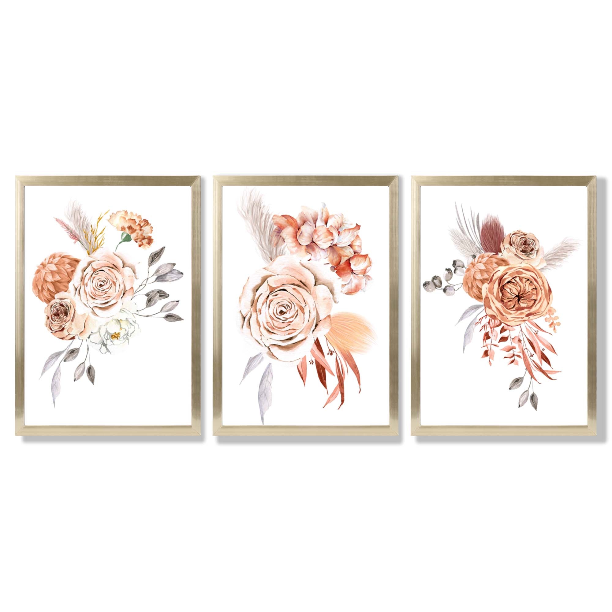 Set of 3 Caramel Roses Floral Framed Art Prints with Gold Wood Frames