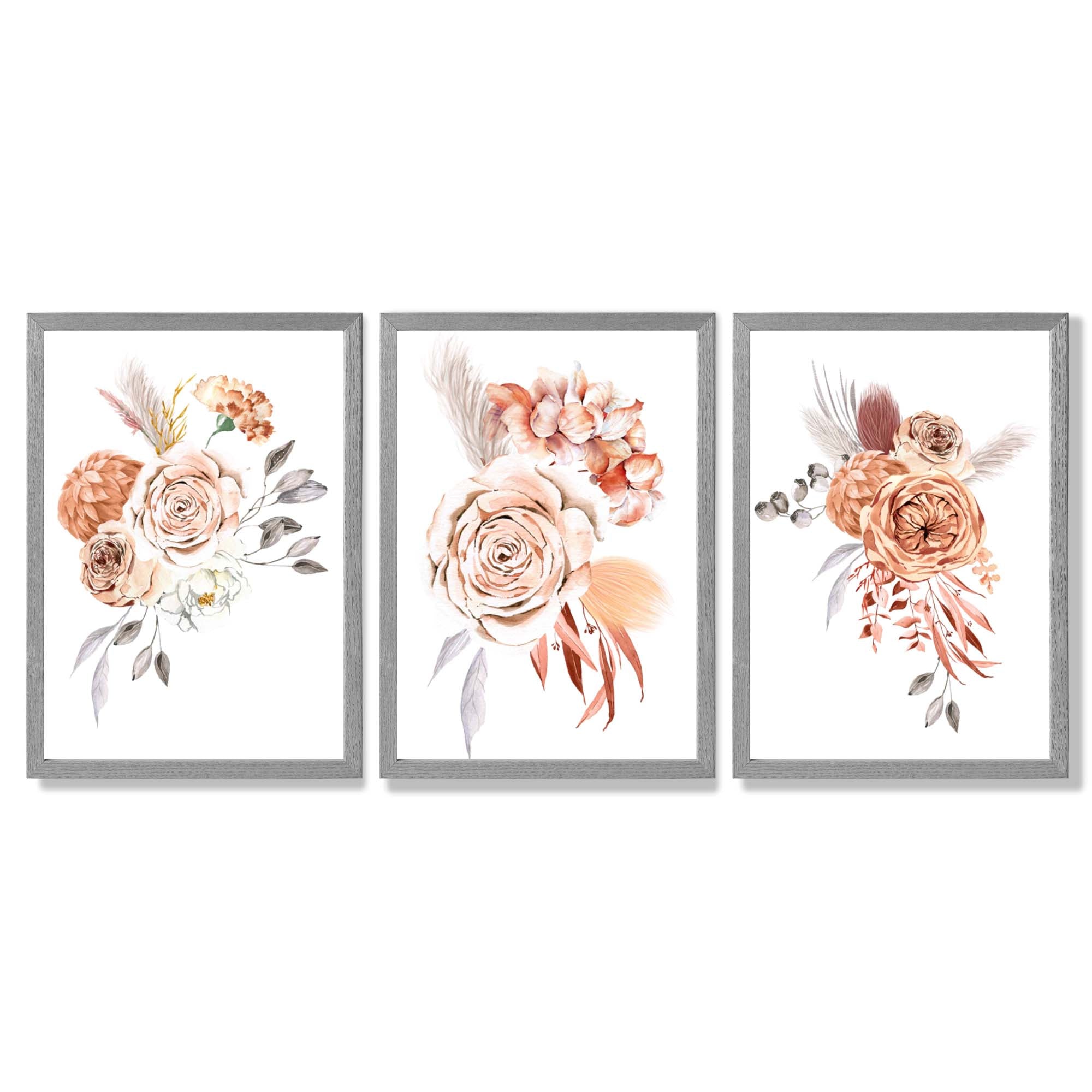 Set of 3 Caramel Roses Floral Framed Art Prints with Light Grey Wooden Frames