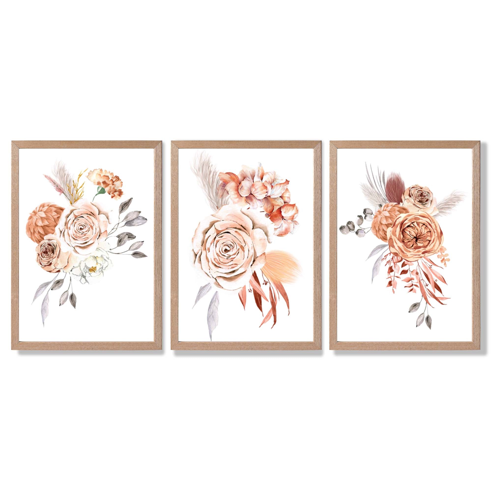 Set of 3 Caramel Roses Floral Framed Art Prints with Light Oak Frames