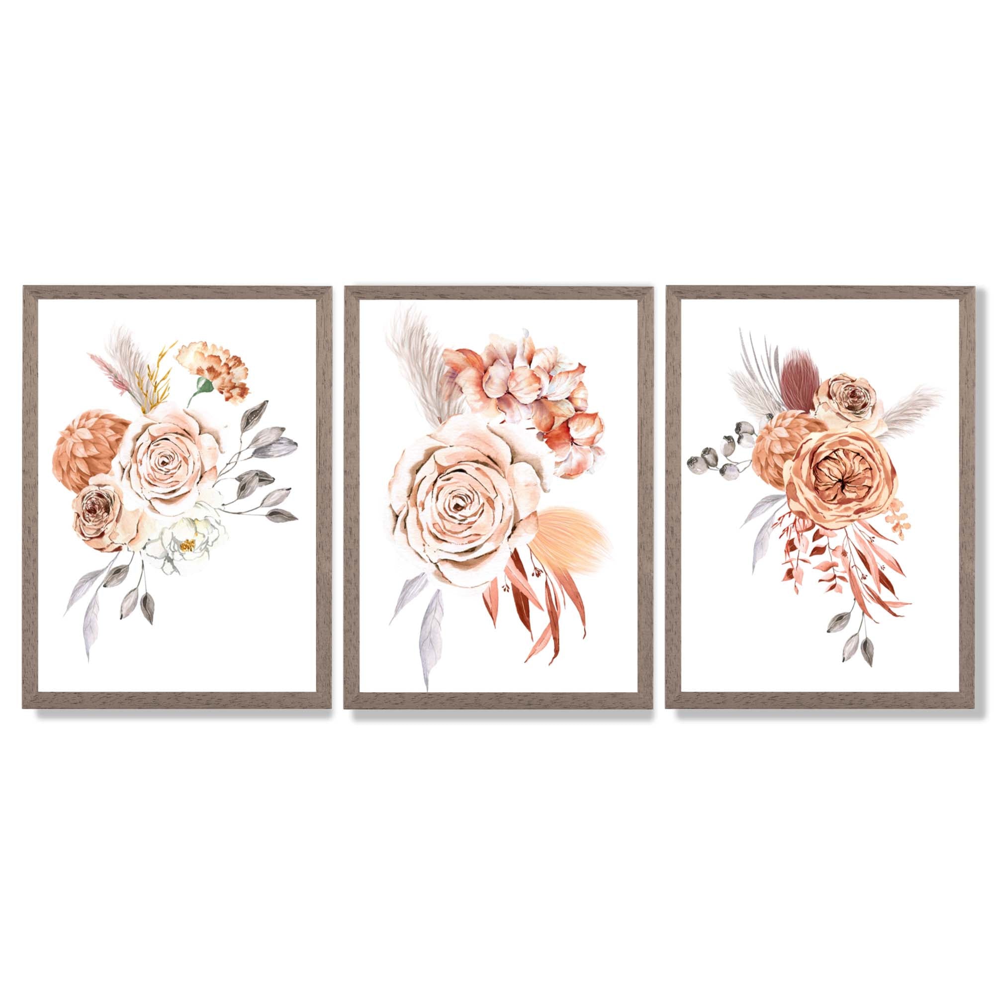 Set of 3 Caramel Roses Floral Framed Art Prints with Light Walnut Frames