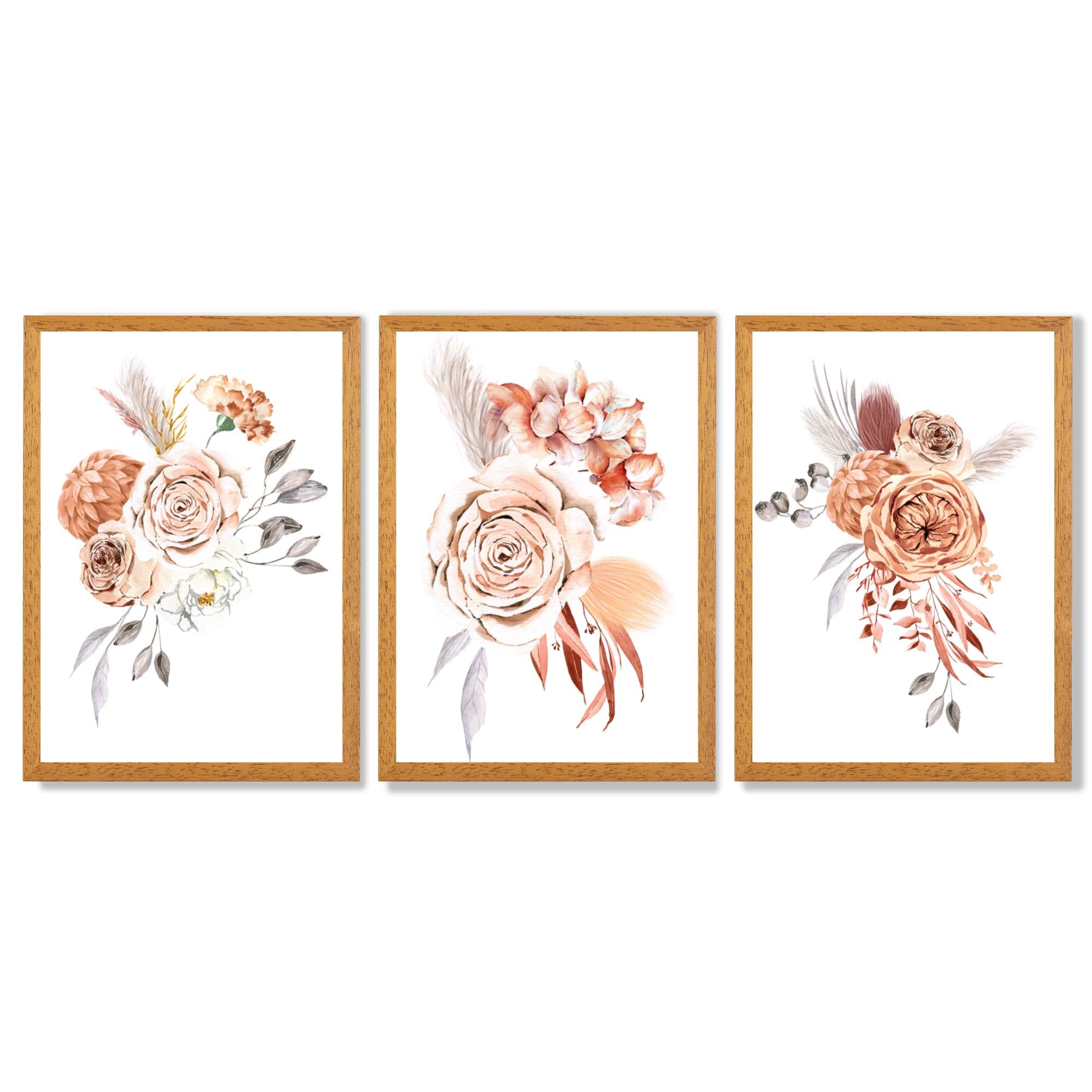 Set of 3 Caramel Roses Floral Framed Art Prints with Oak Wooden Frames