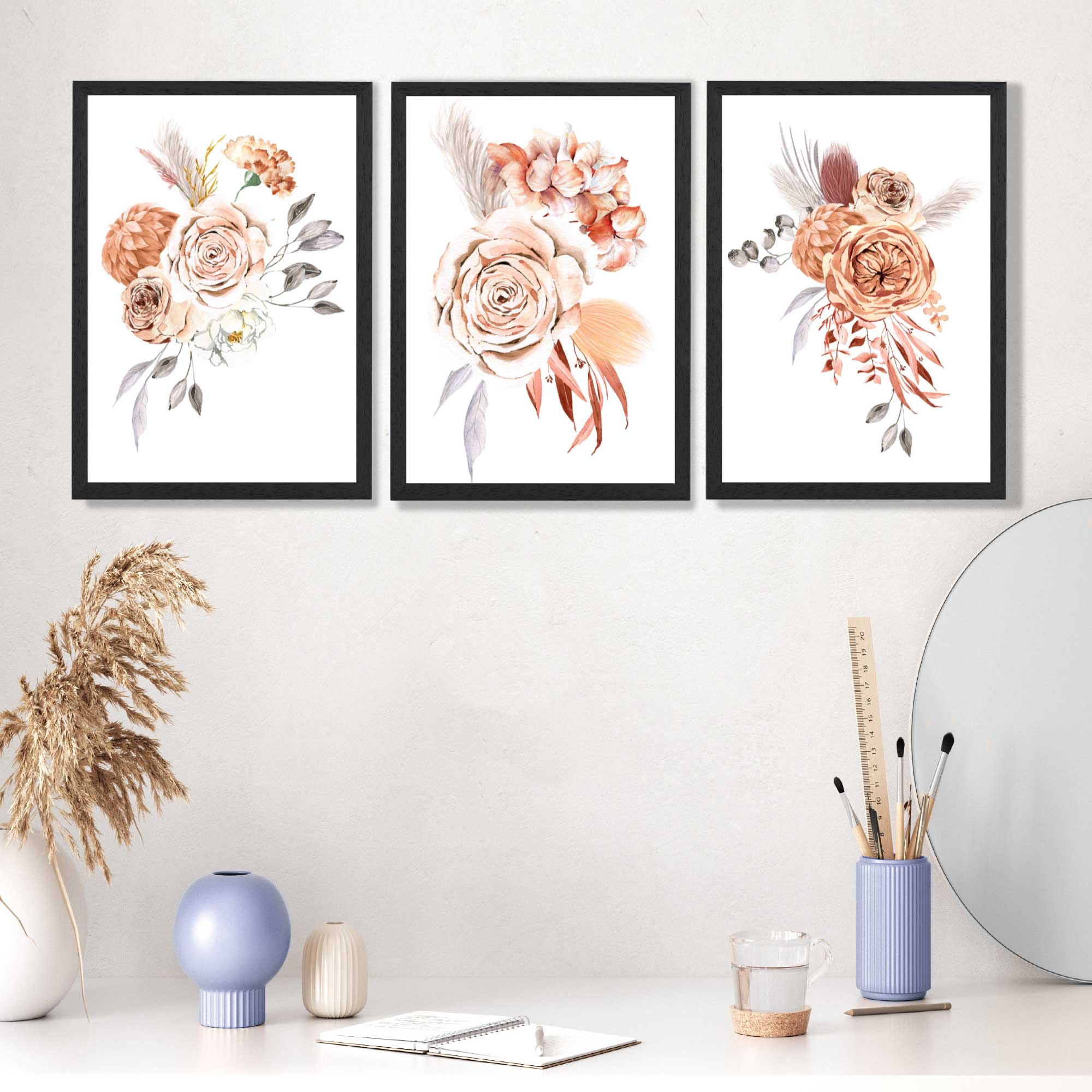 Set of 3 Caramel Roses Floral Art Prints in Black Frames | Artze UK