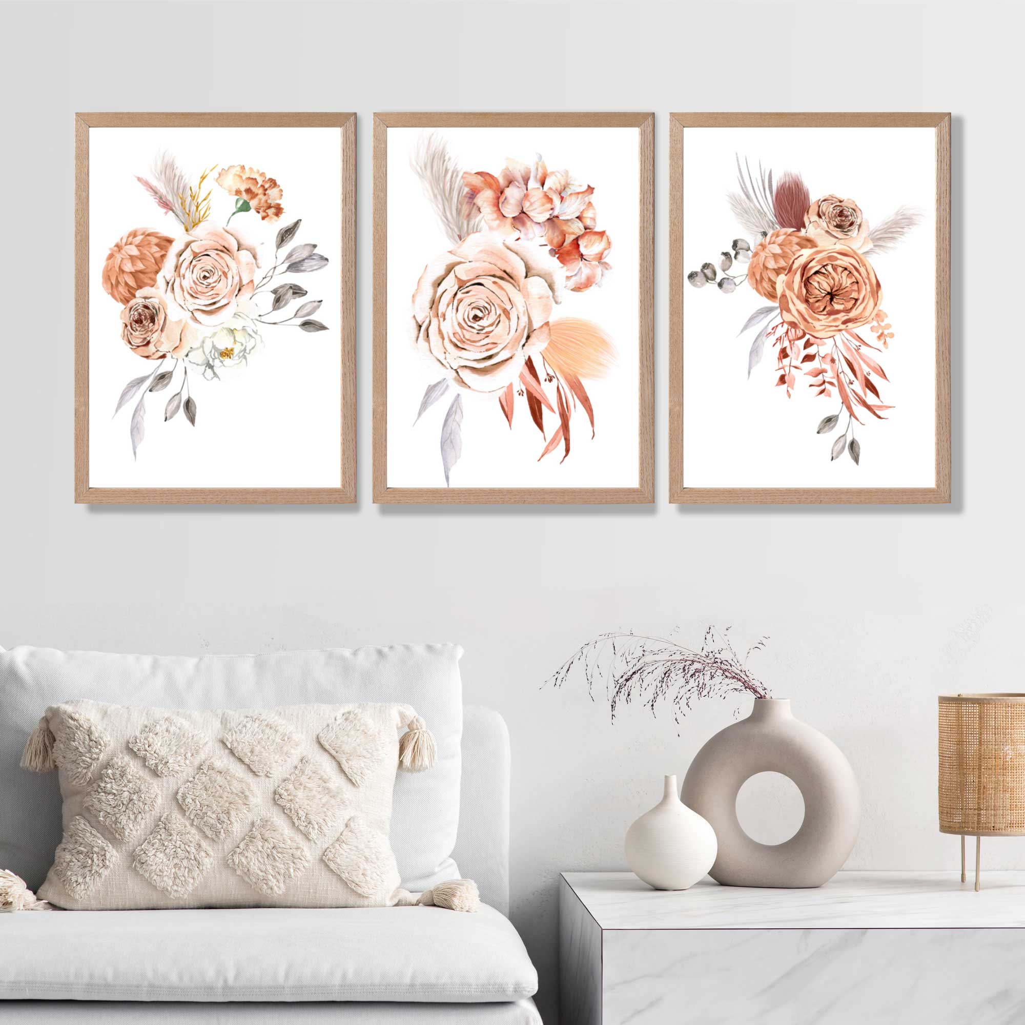 Set of 3 Caramel Roses Floral Art Prints in Oak Frames | Artze UK