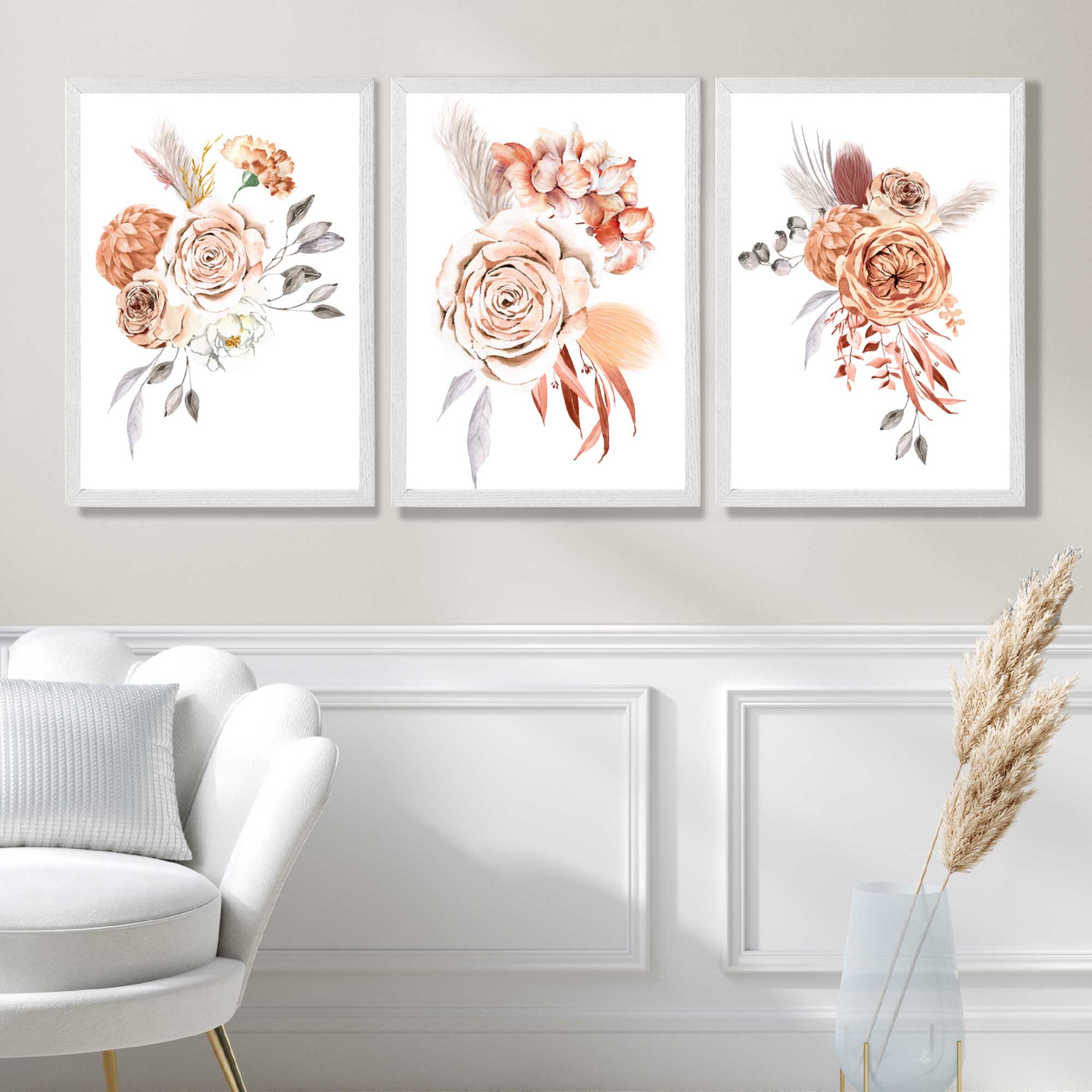 Set of 3 Caramel Roses Floral Art Prints in White Frames | Artze UK